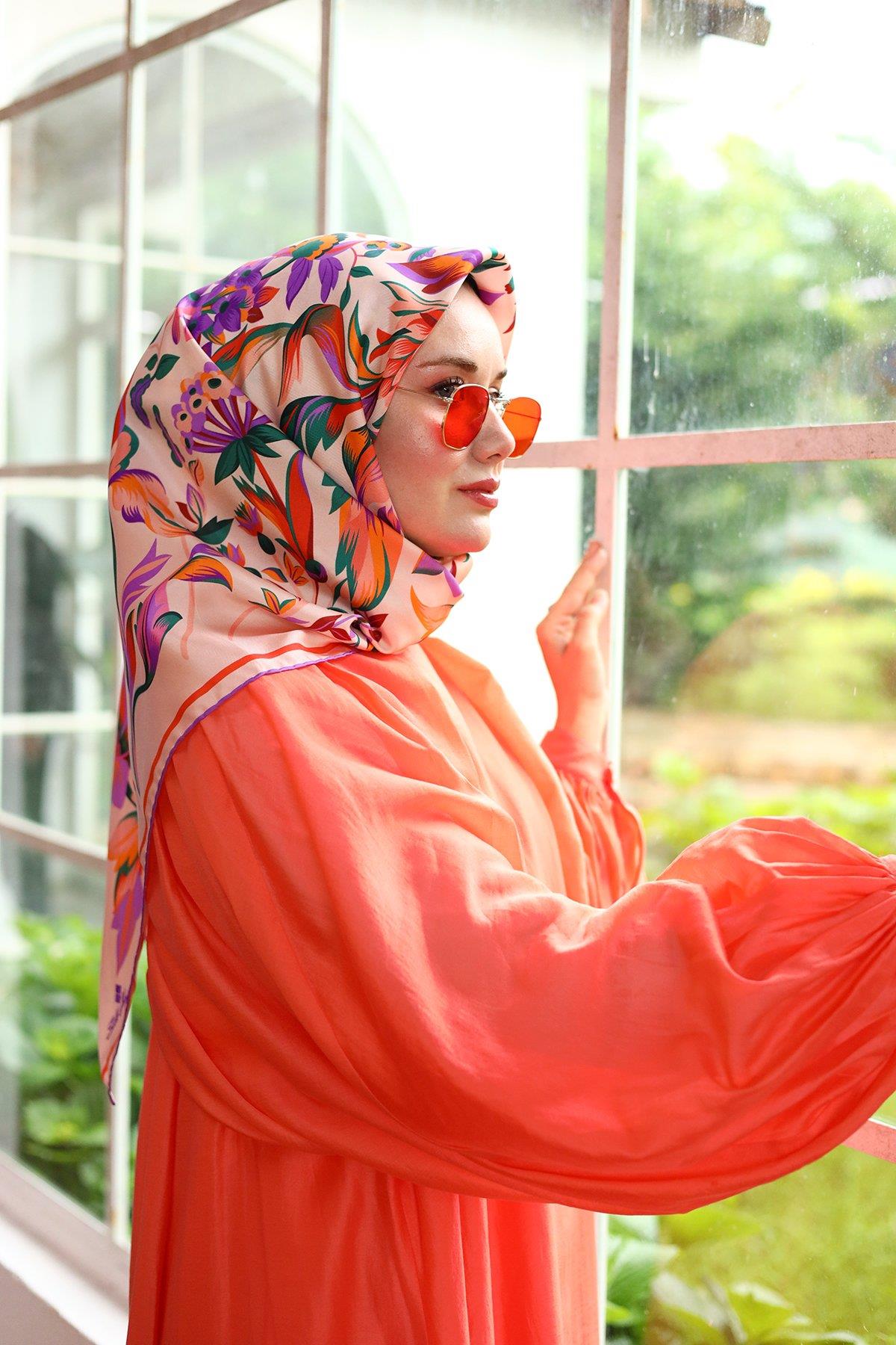Silk Home Somon Mor Çiçek Desen Tivil İpek Eşarp-11430-38-KVS0478
