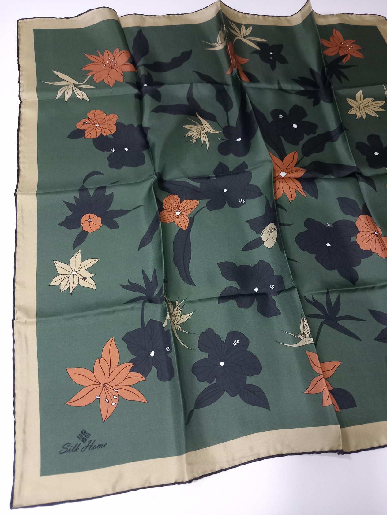Silk Home Yeşil Çiçek Desenli Tivil İpek Eşarp-11441-22-KVS0424