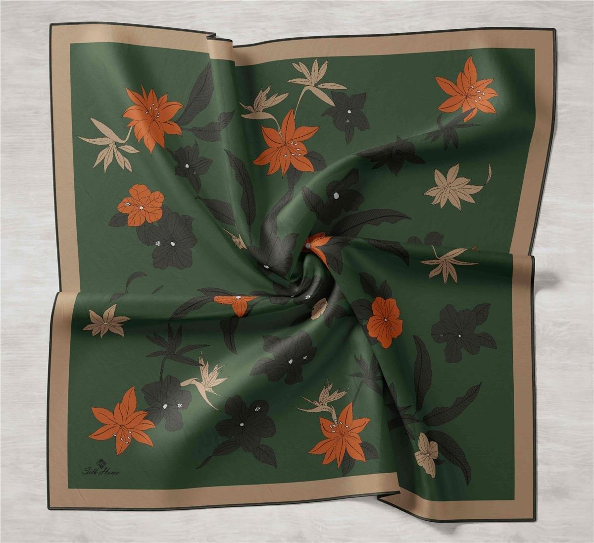 Silk Home Yeşil Çiçek Desenli Tivil İpek Eşarp-11441-22-KVS0424