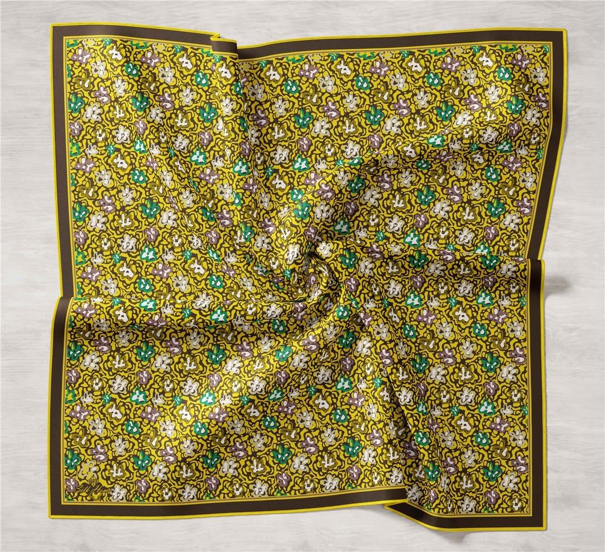 Silk Home Yeşil Sarı Çıtır Çiçek Desenli Tivil İpek Eşarp-11428-34