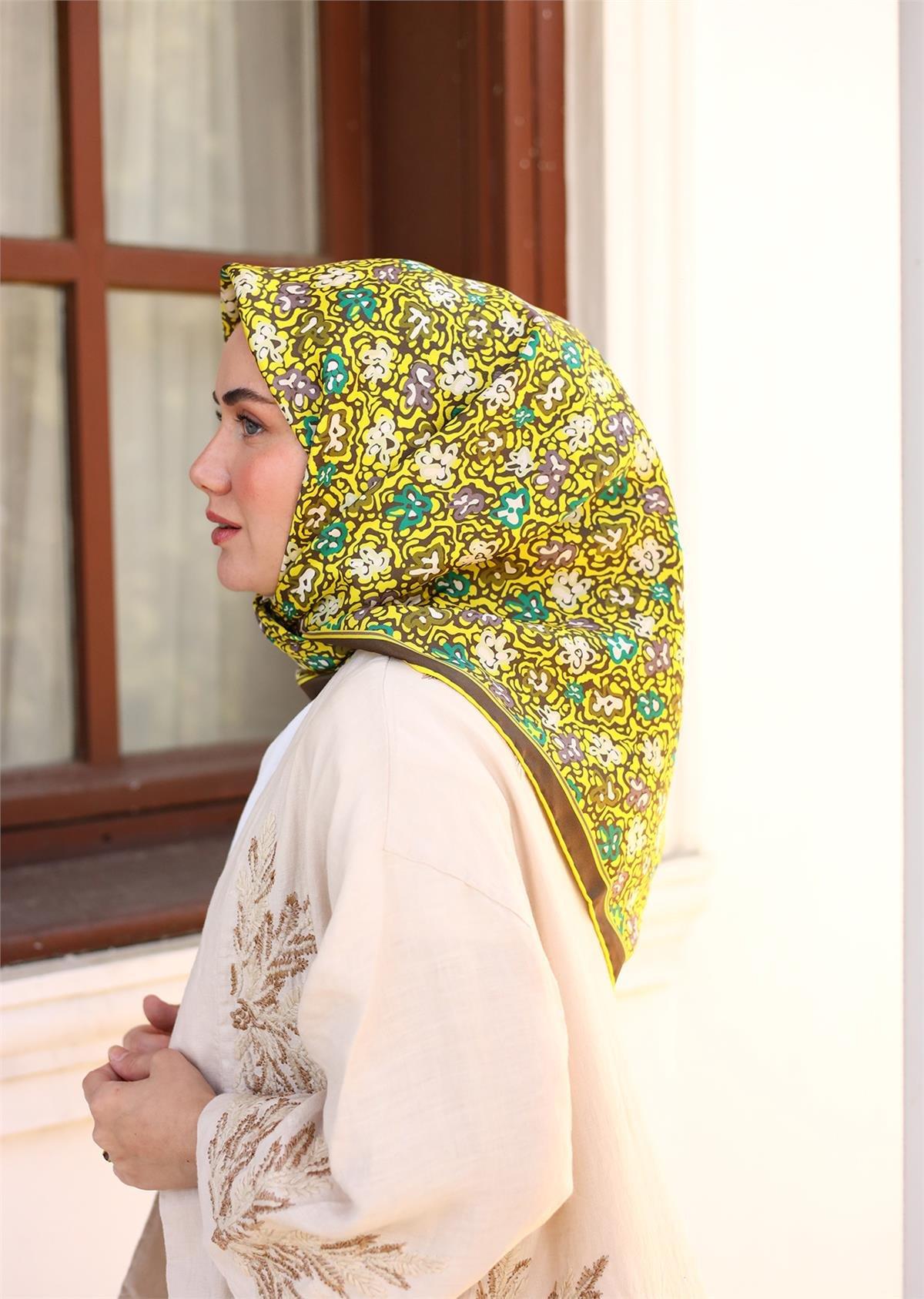 Silk Home Yeşil Sarı Çıtır Çiçek Desenli Tivil İpek Eşarp-11428-34