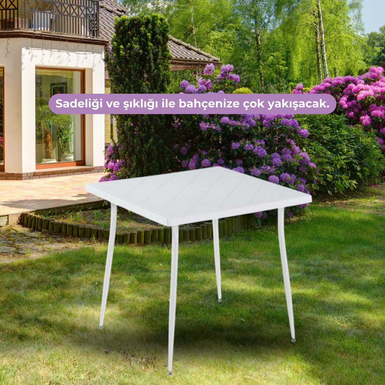 Novussi Carmen Rattan Desenli Plastik Masa 80x80 cm Beyaz