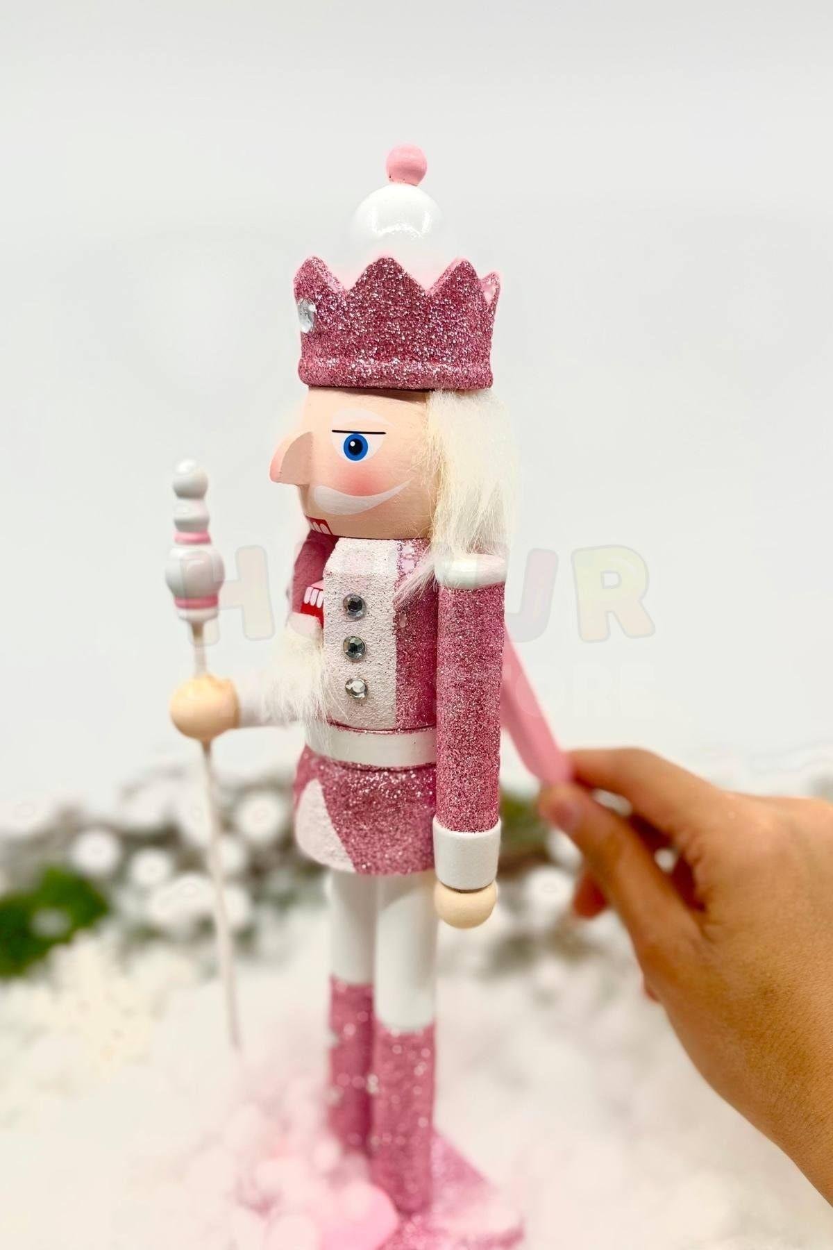30 Cm Beyaz Mızraklı Fındıkkıran Pembe Renkli Kurşun Asker Simli Nutcracker Yeni Yıl Yılbaşı Dekoru