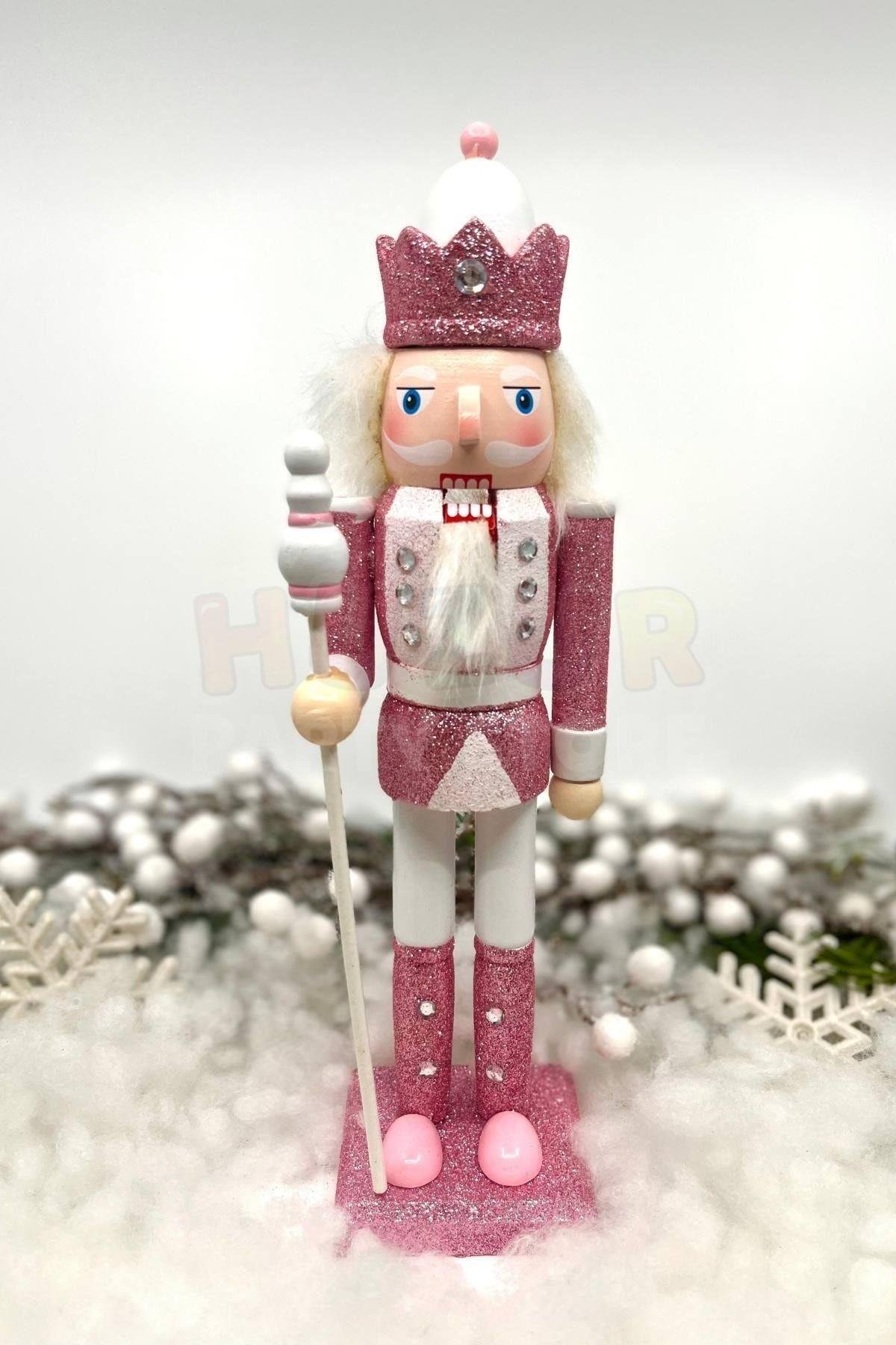 30 Cm Beyaz Mızraklı Fındıkkıran Pembe Renkli Kurşun Asker Simli Nutcracker Yeni Yıl Yılbaşı Dekoru