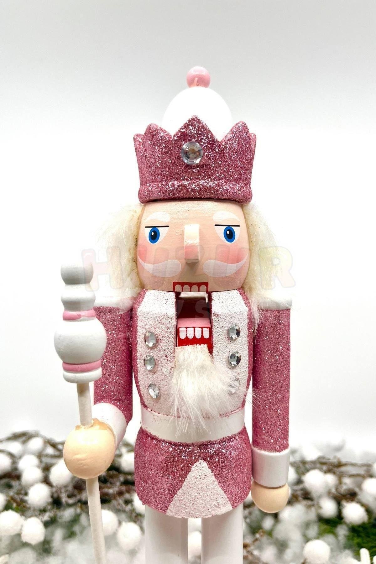 30 Cm Beyaz Mızraklı Fındıkkıran Pembe Renkli Kurşun Asker Simli Nutcracker Yeni Yıl Yılbaşı Dekoru