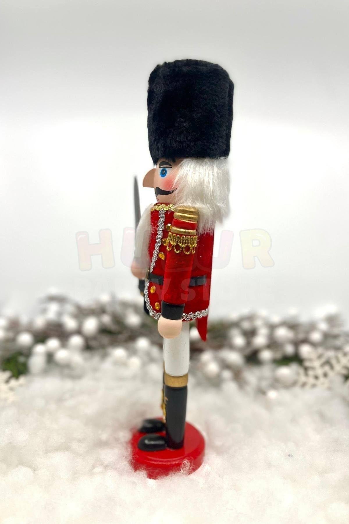 30 Cm Kılıçlı Fındıkkıran Kırmızı Renkli Kurşun Asker Kadife Kıyafetli Nutcracker Yılbaşı Dekoru