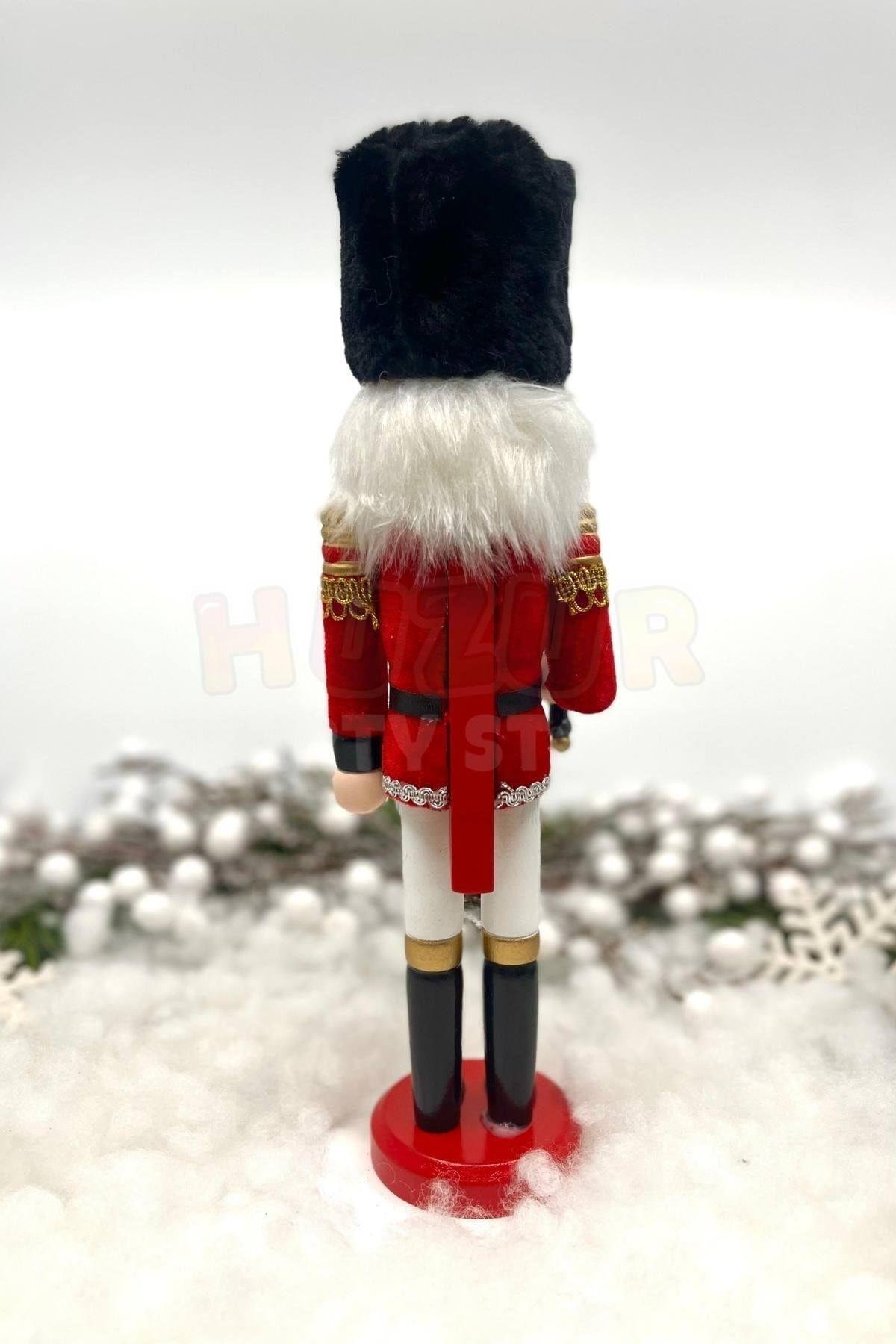 30 Cm Kılıçlı Fındıkkıran Kırmızı Renkli Kurşun Asker Kadife Kıyafetli Nutcracker Yılbaşı Dekoru