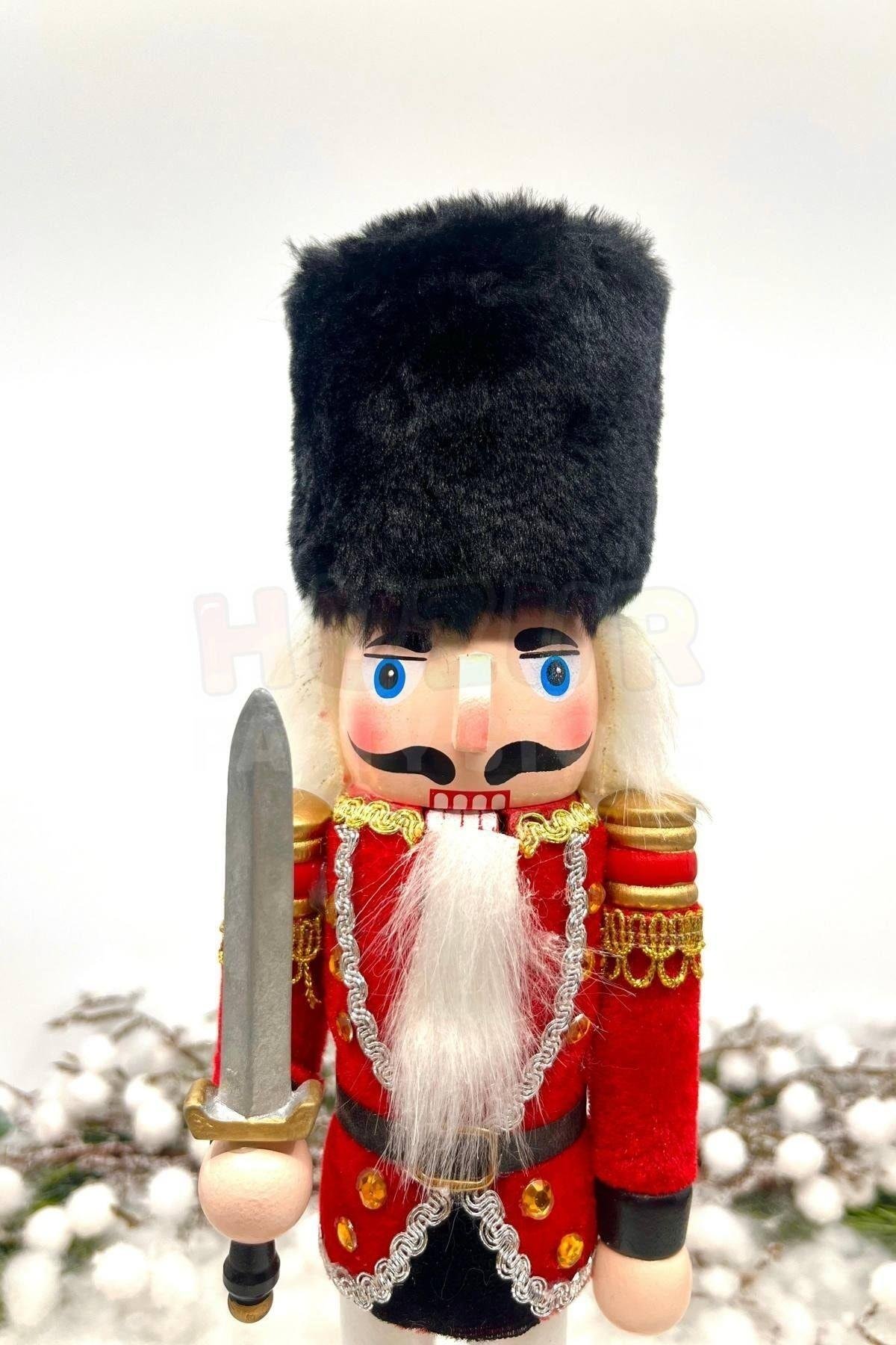 30 Cm Kılıçlı Fındıkkıran Kırmızı Renkli Kurşun Asker Kadife Kıyafetli Nutcracker Yılbaşı Dekoru
