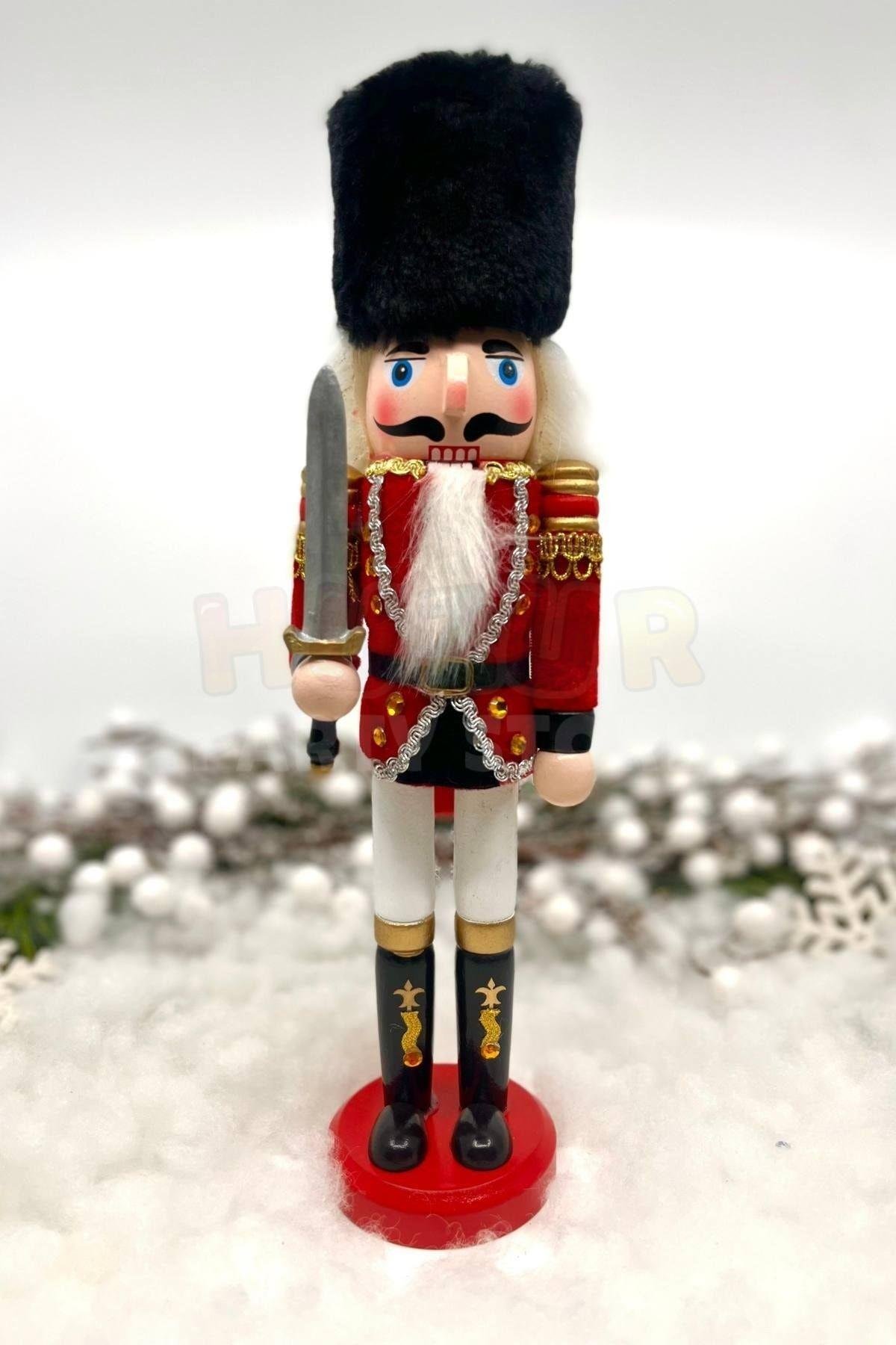 30 Cm Kılıçlı Fındıkkıran Kırmızı Renkli Kurşun Asker Kadife Kıyafetli Nutcracker Yılbaşı Dekoru