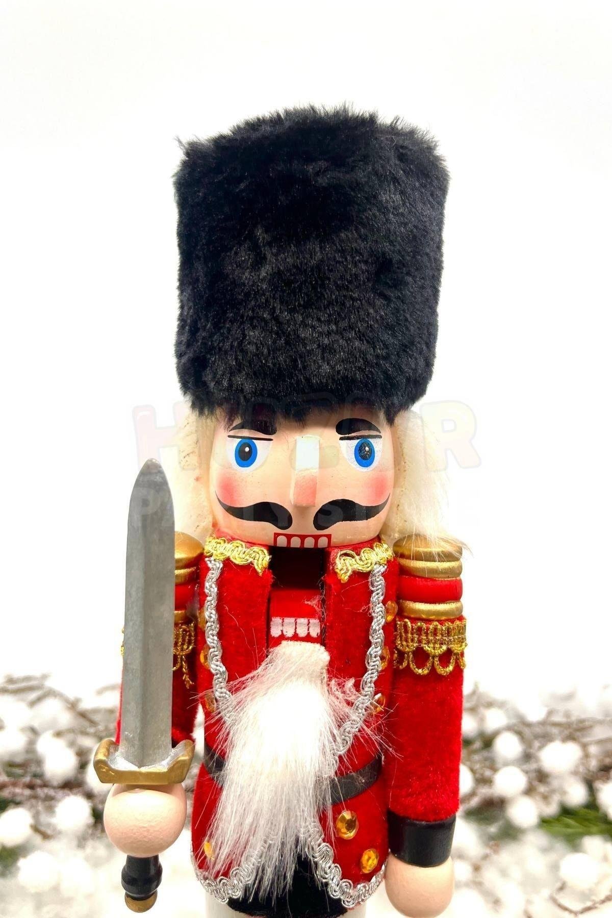 30 Cm Kılıçlı Fındıkkıran Kırmızı Renkli Kurşun Asker Kadife Kıyafetli Nutcracker Yılbaşı Dekoru
