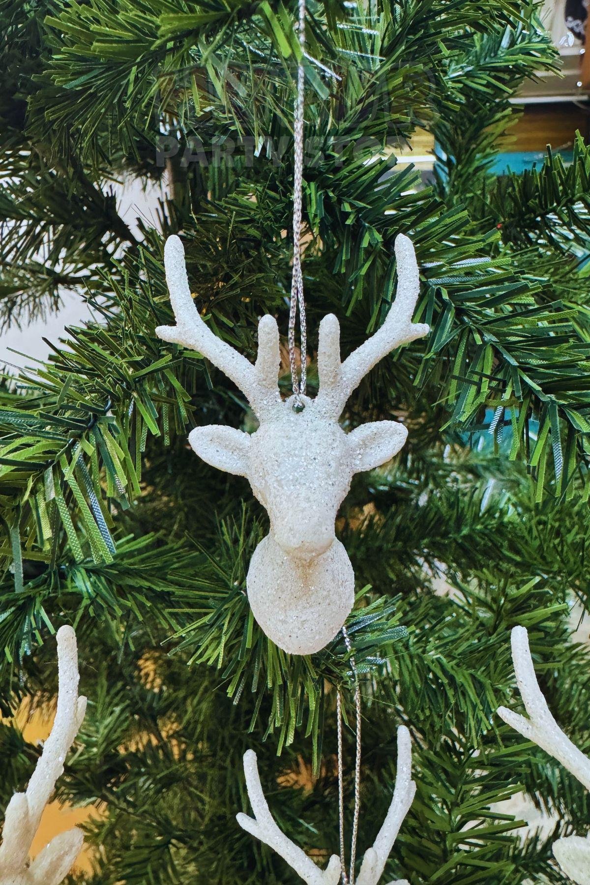 4 Adet Beyaz Geyik Başı Figürü 7x5 Cm Yılbaşı Ağaç Süsü Simli Sert Boynuzlu Yeni Yıl Çam Ağacı Süs