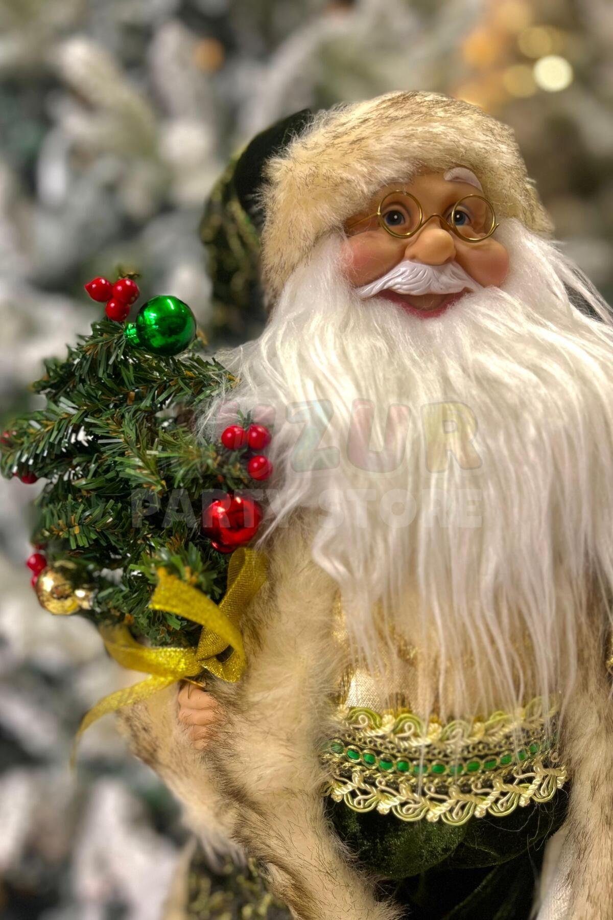 45 Cm Noel Baba Yeşil Gold Renk Dekoratif Kürklü Ayakta Durabilen Yeni Yıl Yılbaşı Süsü Dekoru