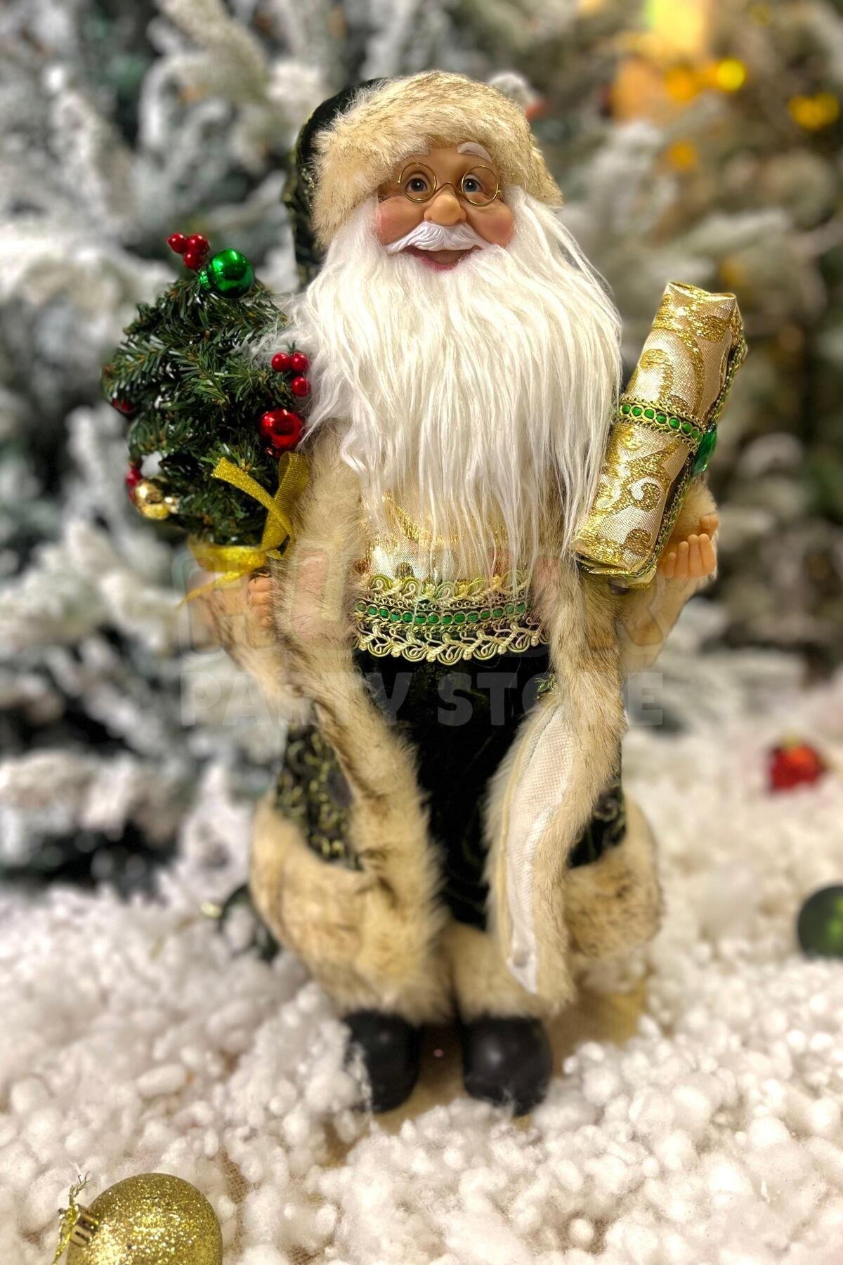 45 Cm Noel Baba Yeşil Gold Renk Dekoratif Kürklü Ayakta Durabilen Yeni Yıl Yılbaşı Süsü Dekoru