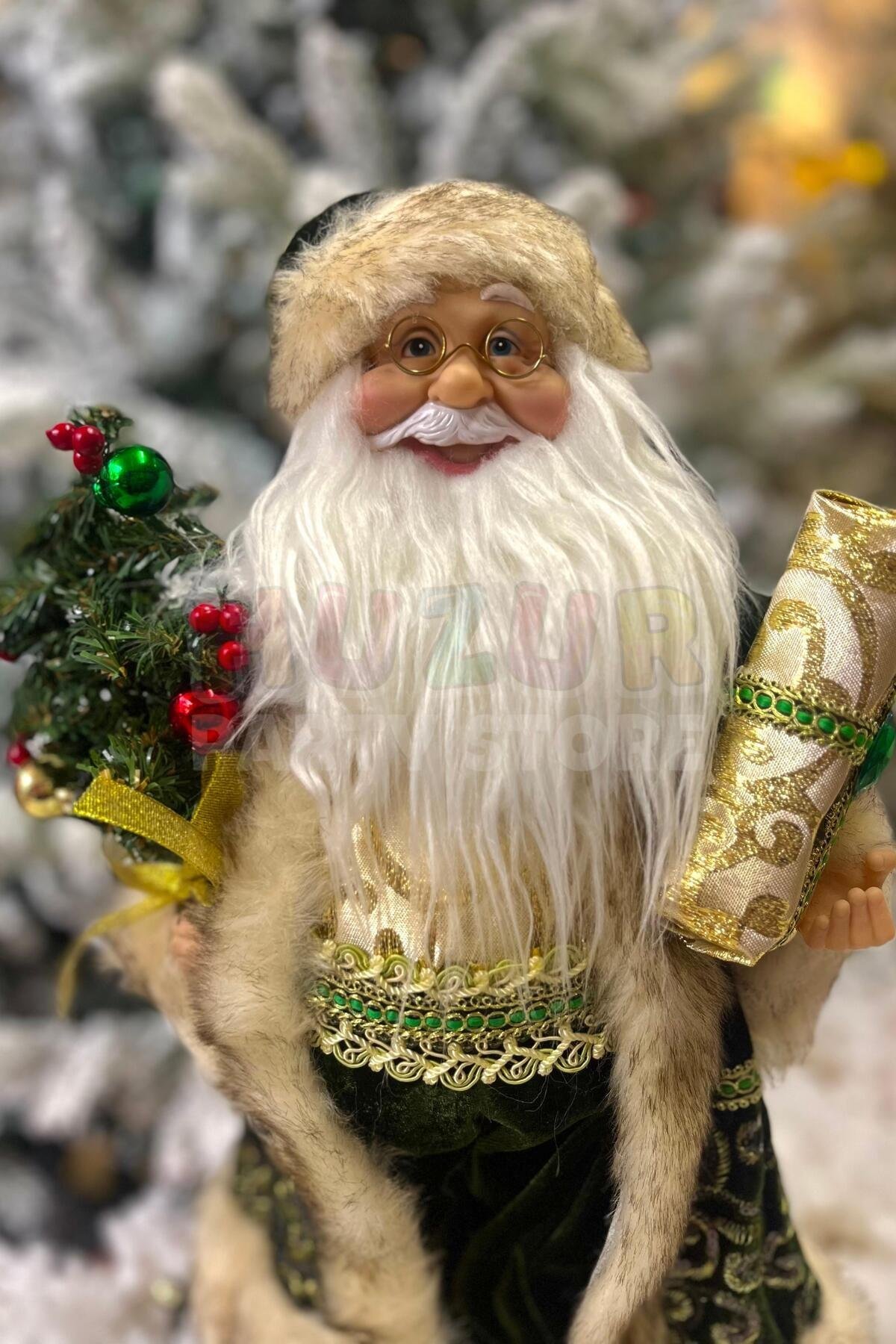 45 Cm Noel Baba Yeşil Gold Renk Dekoratif Kürklü Ayakta Durabilen Yeni Yıl Yılbaşı Süsü Dekoru