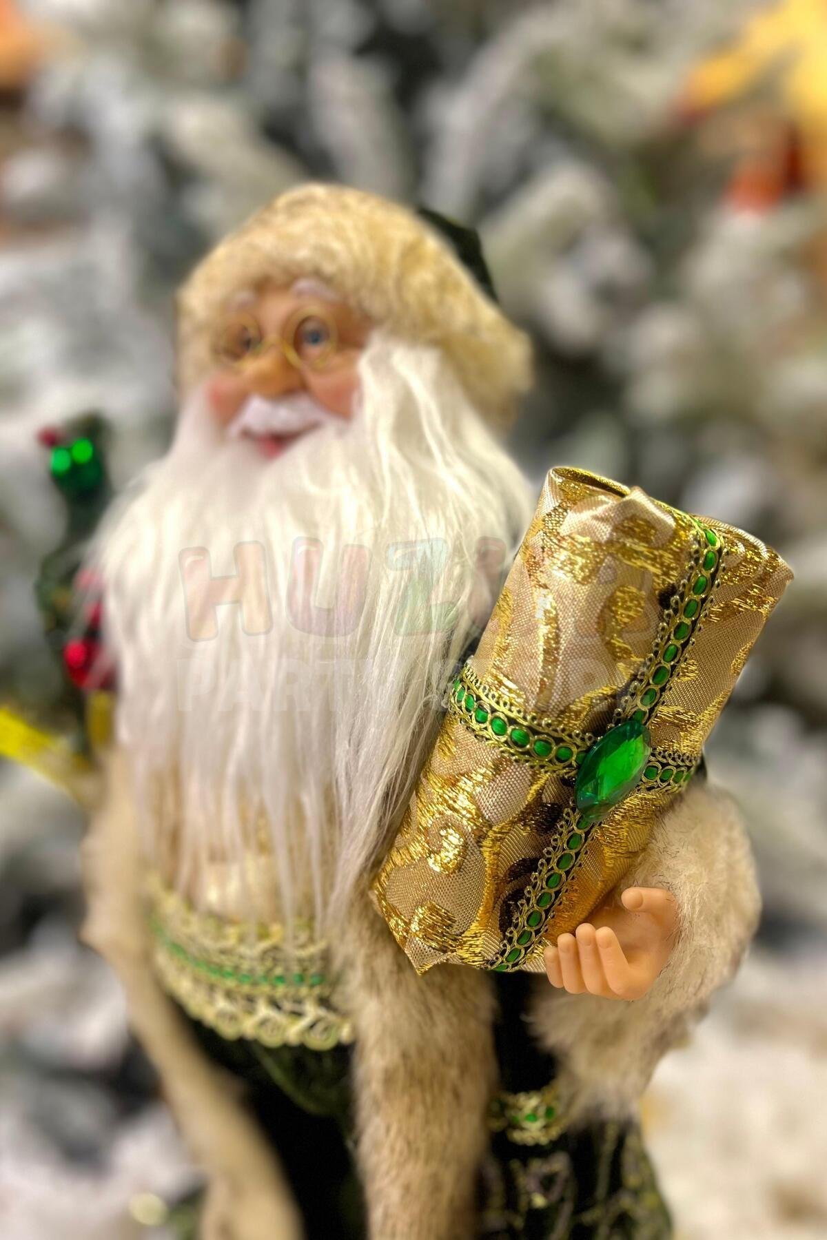 45 Cm Noel Baba Yeşil Gold Renk Dekoratif Kürklü Ayakta Durabilen Yeni Yıl Yılbaşı Süsü Dekoru