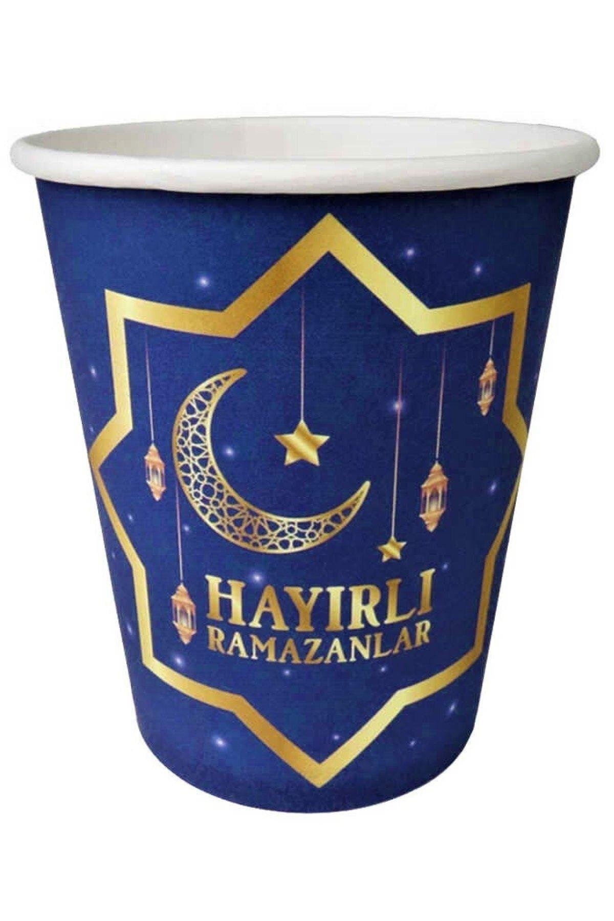 8 Li Ramazan Bayramı Karton Bardak Hayırlı Ramazanlar Baskılı Lacivert Konsept Dini Islami Süsü