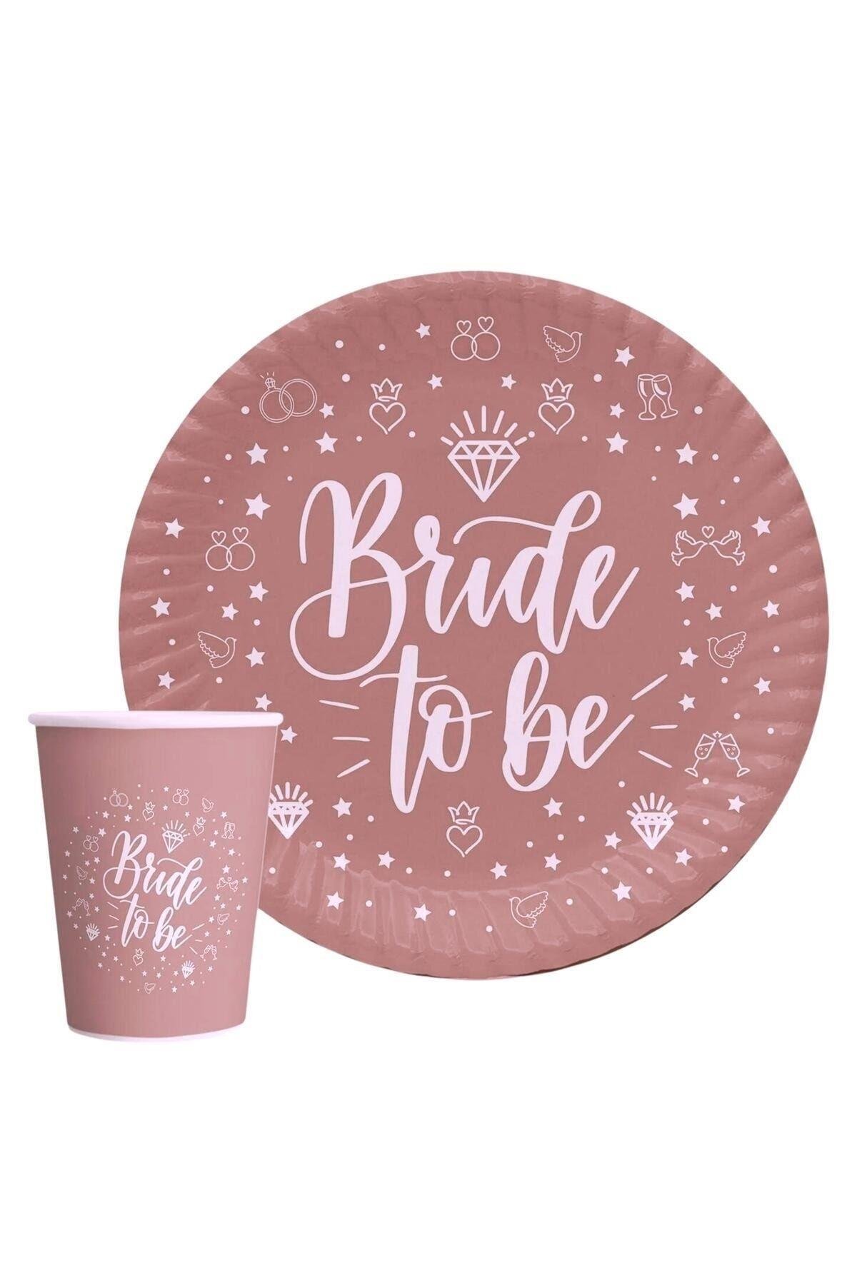 Bride To Be Yazılı 8'li Tabak Bardak Seti Rose Pembesi Renkli Yüzük Detaylı Bekarlığa Veda Partisi
