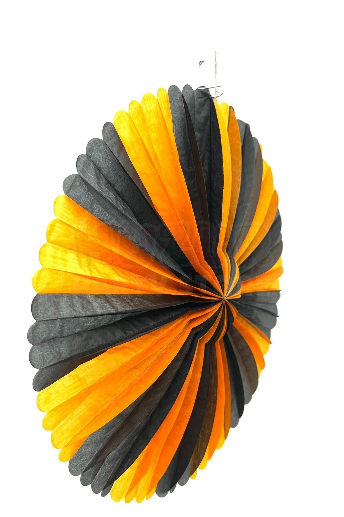 Cadılar Bayramı Yelpaze Halloween Partisi Dekoru 32 Cm Turuncu Siyah Renkli Asmalı İpli Kağıt Süs