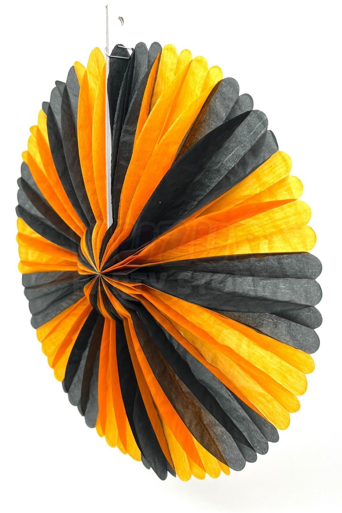 Cadılar Bayramı Yelpaze Halloween Partisi Dekoru 32 Cm Turuncu Siyah Renkli Asmalı İpli Kağıt Süs