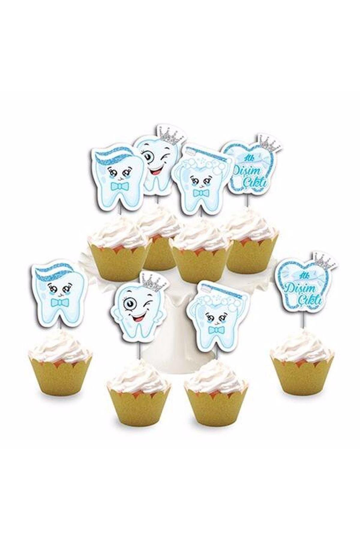 Diş Buğdayı Temalı Mavi 8'li Simli Deluxe Muffin Kalıbı Kürdanı Ikramlık Dekoratif Konsept