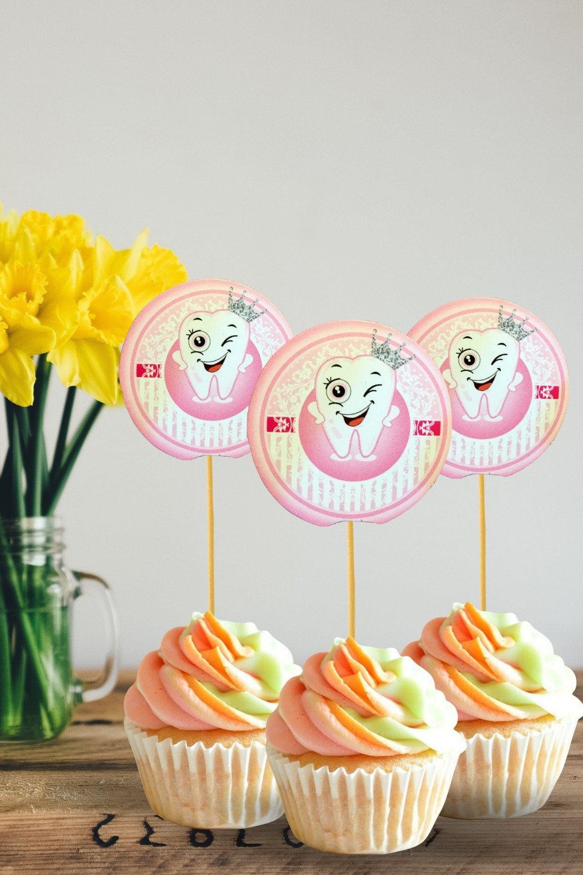 Diş Figürlü Pembe Konsept Kürdan 20 Adet 9 Cm Cupcuke Muffin Kürdanı Inci Dişli Kız Diş Buğdayı