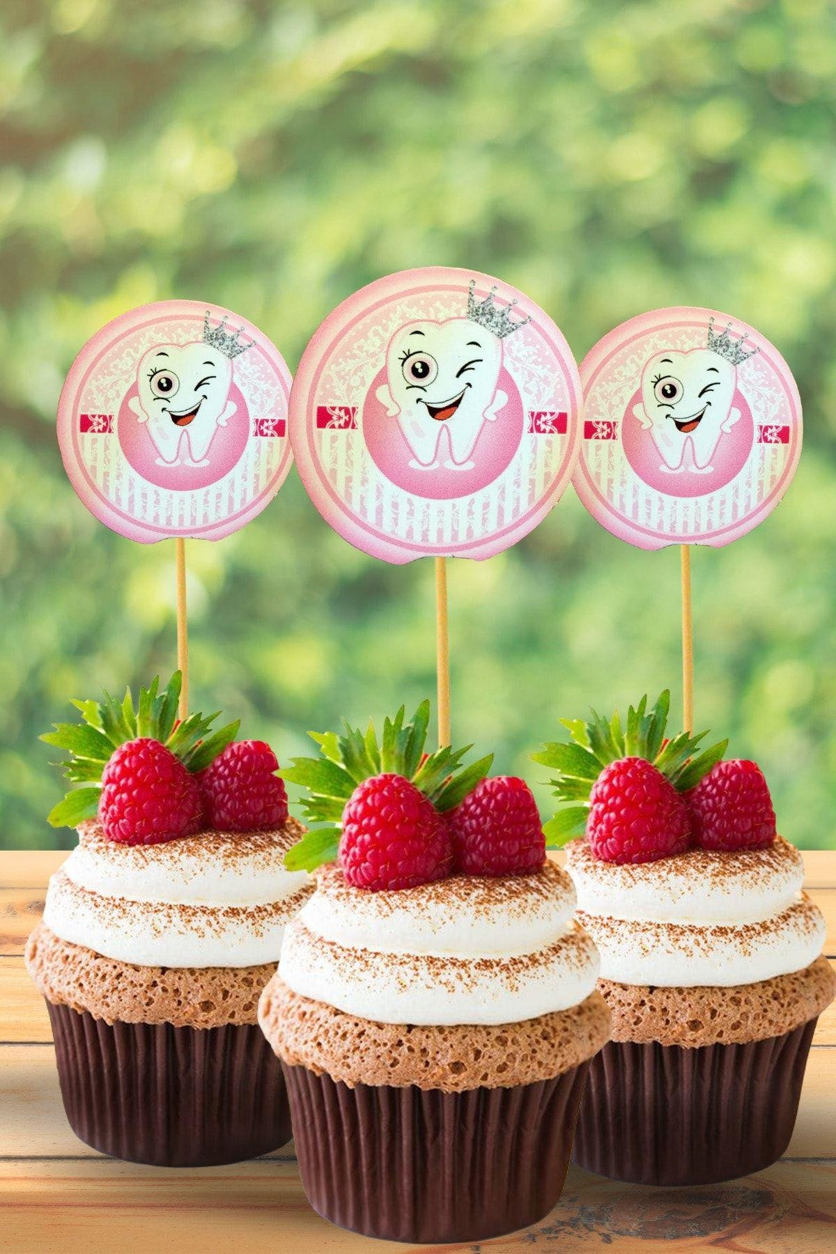 Diş Figürlü Pembe Konsept Kürdan 20 Adet 9 Cm Cupcuke Muffin Kürdanı Inci Dişli Kız Diş Buğdayı