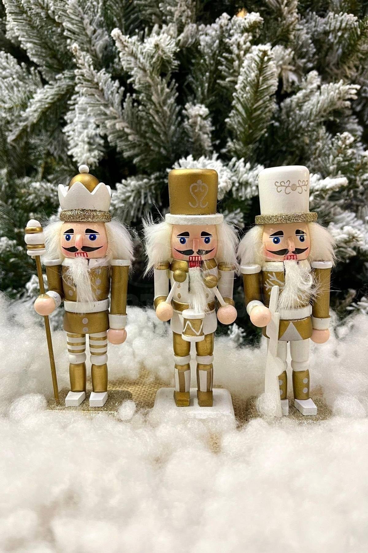 Gold Fındıkkıran 3'lü Set 15 Cm Mızrak Davul Tüfekli Kurşun Asker Nutcracker Yılbaşı Yeni Yıl Dekor