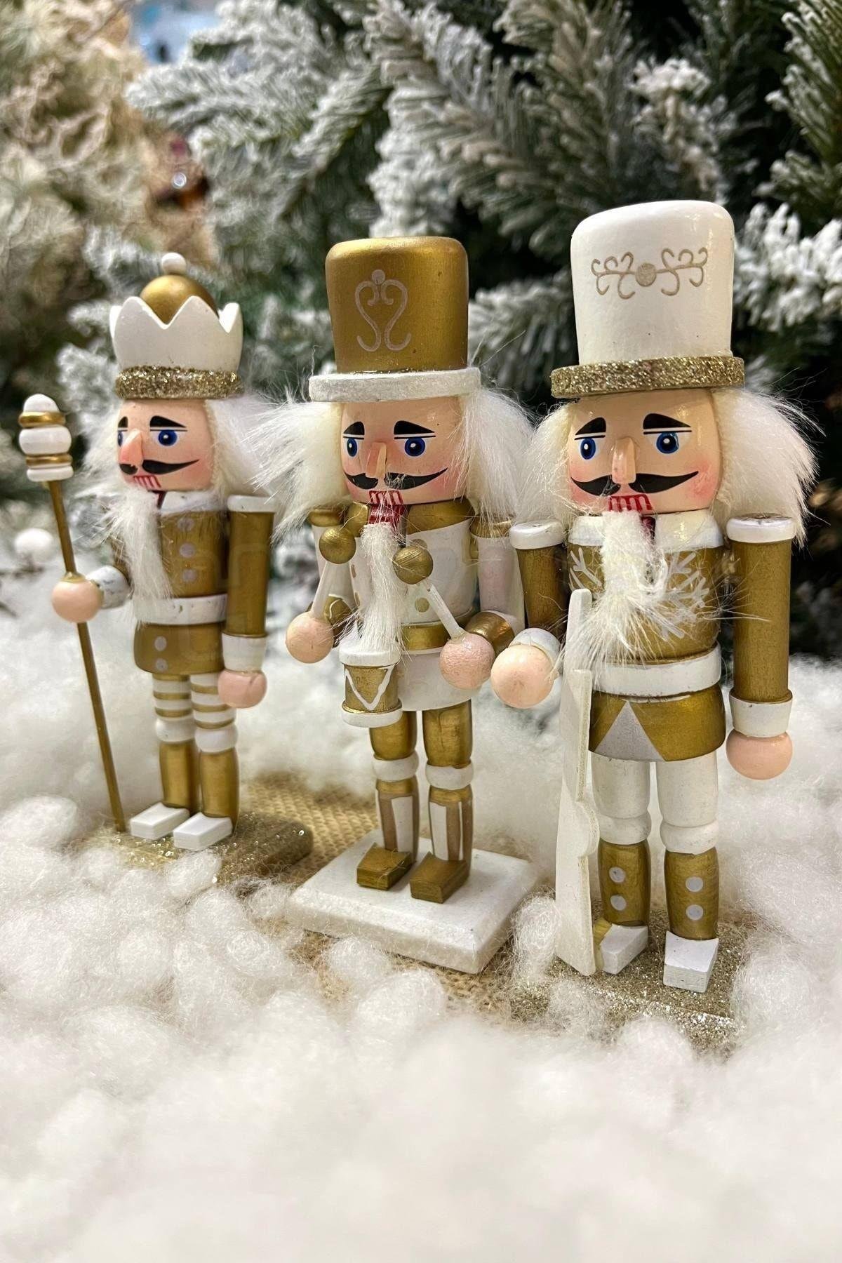 Gold Fındıkkıran 3'lü Set 15 Cm Mızrak Davul Tüfekli Kurşun Asker Nutcracker Yılbaşı Yeni Yıl Dekor