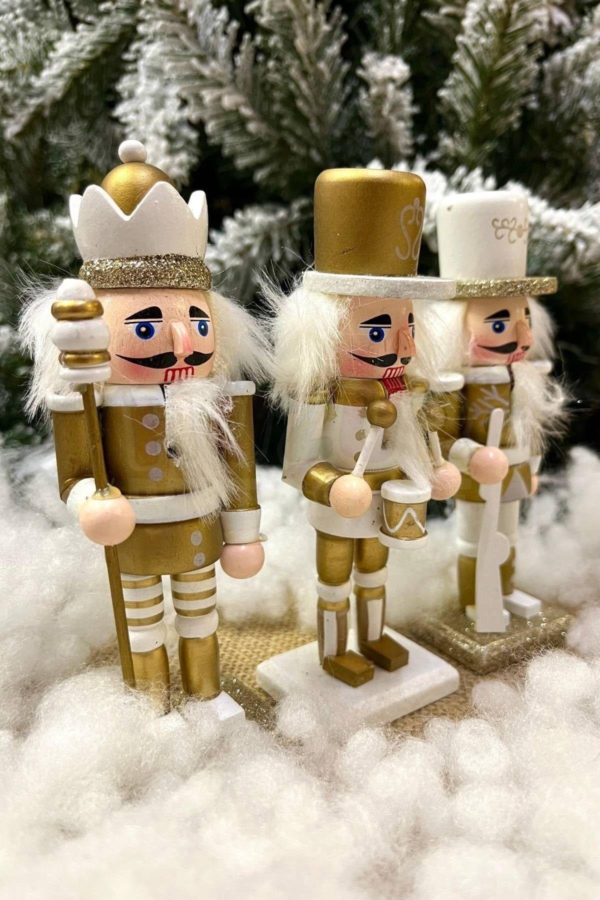 Gold Fındıkkıran 3'lü Set 15 Cm Mızrak Davul Tüfekli Kurşun Asker Nutcracker Yılbaşı Yeni Yıl Dekor
