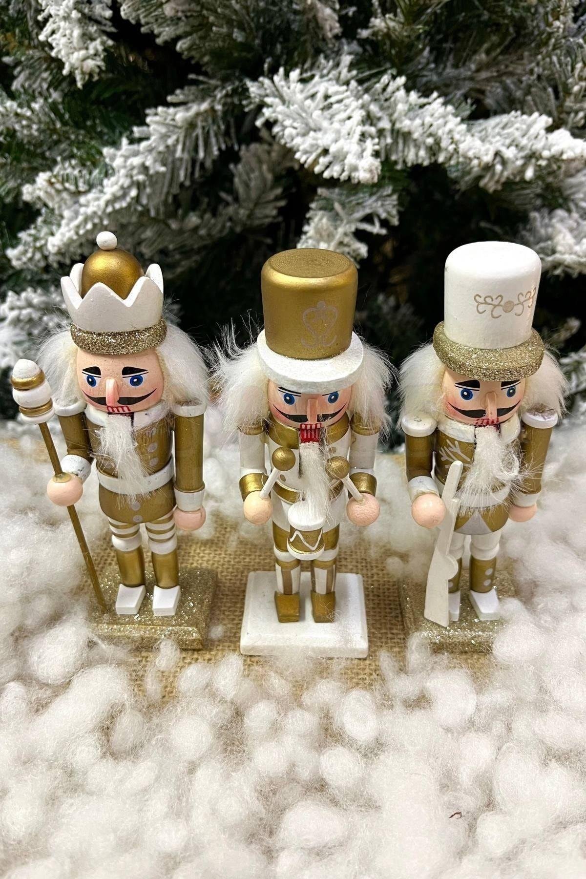 Gold Fındıkkıran 3'lü Set 15 Cm Mızrak Davul Tüfekli Kurşun Asker Nutcracker Yılbaşı Yeni Yıl Dekor