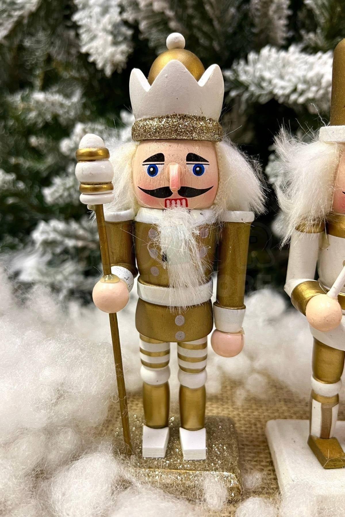 Gold Fındıkkıran 3'lü Set 15 Cm Mızrak Davul Tüfekli Kurşun Asker Nutcracker Yılbaşı Yeni Yıl Dekor