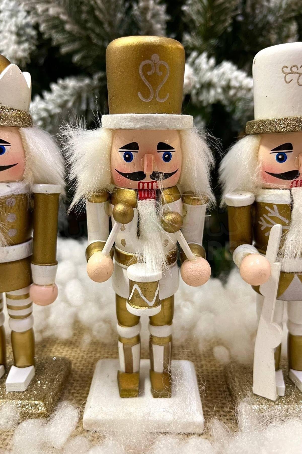 Gold Fındıkkıran 3'lü Set 15 Cm Mızrak Davul Tüfekli Kurşun Asker Nutcracker Yılbaşı Yeni Yıl Dekor