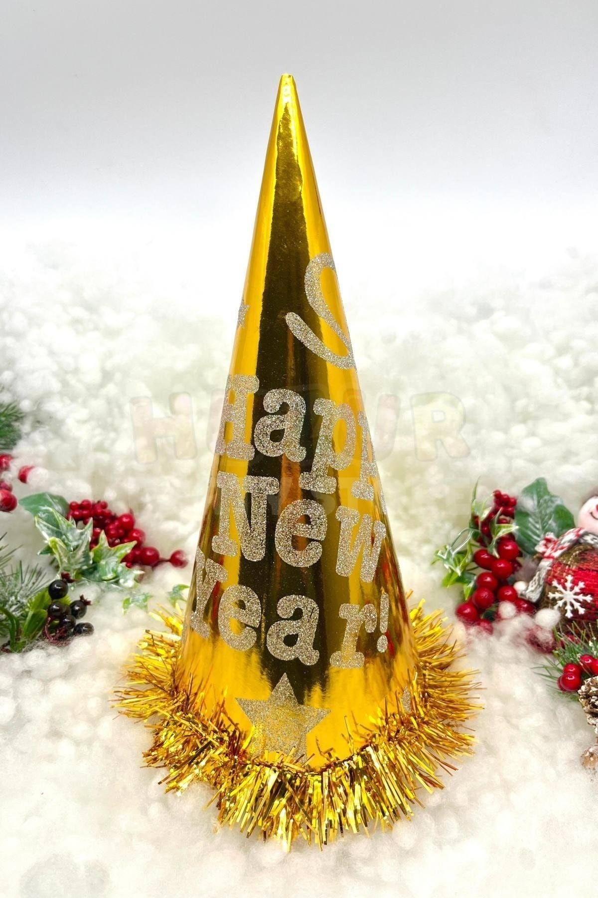 Gold Renk Yılbaşı Şapkası Karton Happy New Year Baskılı Simli Parlak Püsküllü Altın Sarısı Büyük Boy