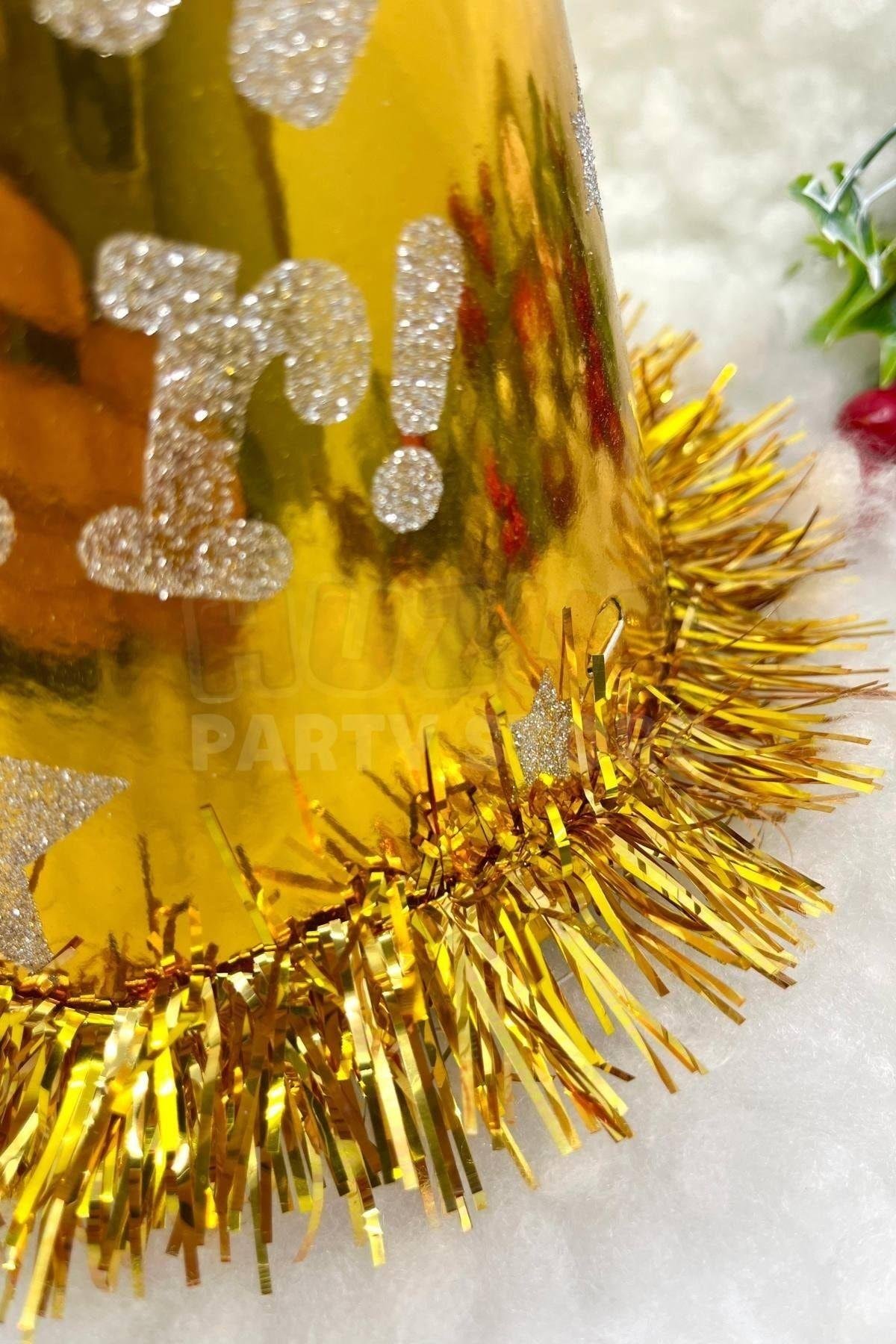 Gold Renk Yılbaşı Şapkası Karton Happy New Year Baskılı Simli Parlak Püsküllü Altın Sarısı Büyük Boy