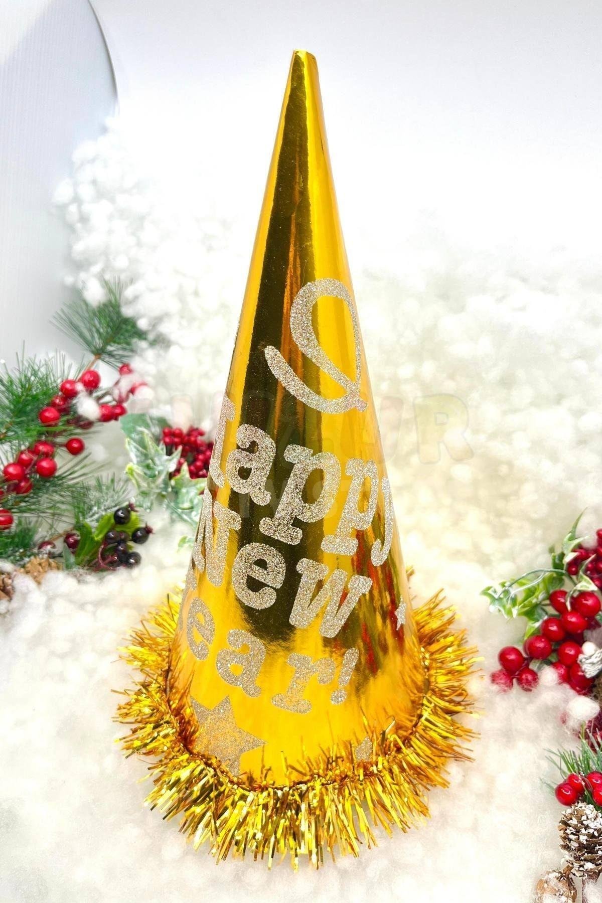 Gold Renk Yılbaşı Şapkası Karton Happy New Year Baskılı Simli Parlak Püsküllü Altın Sarısı Büyük Boy