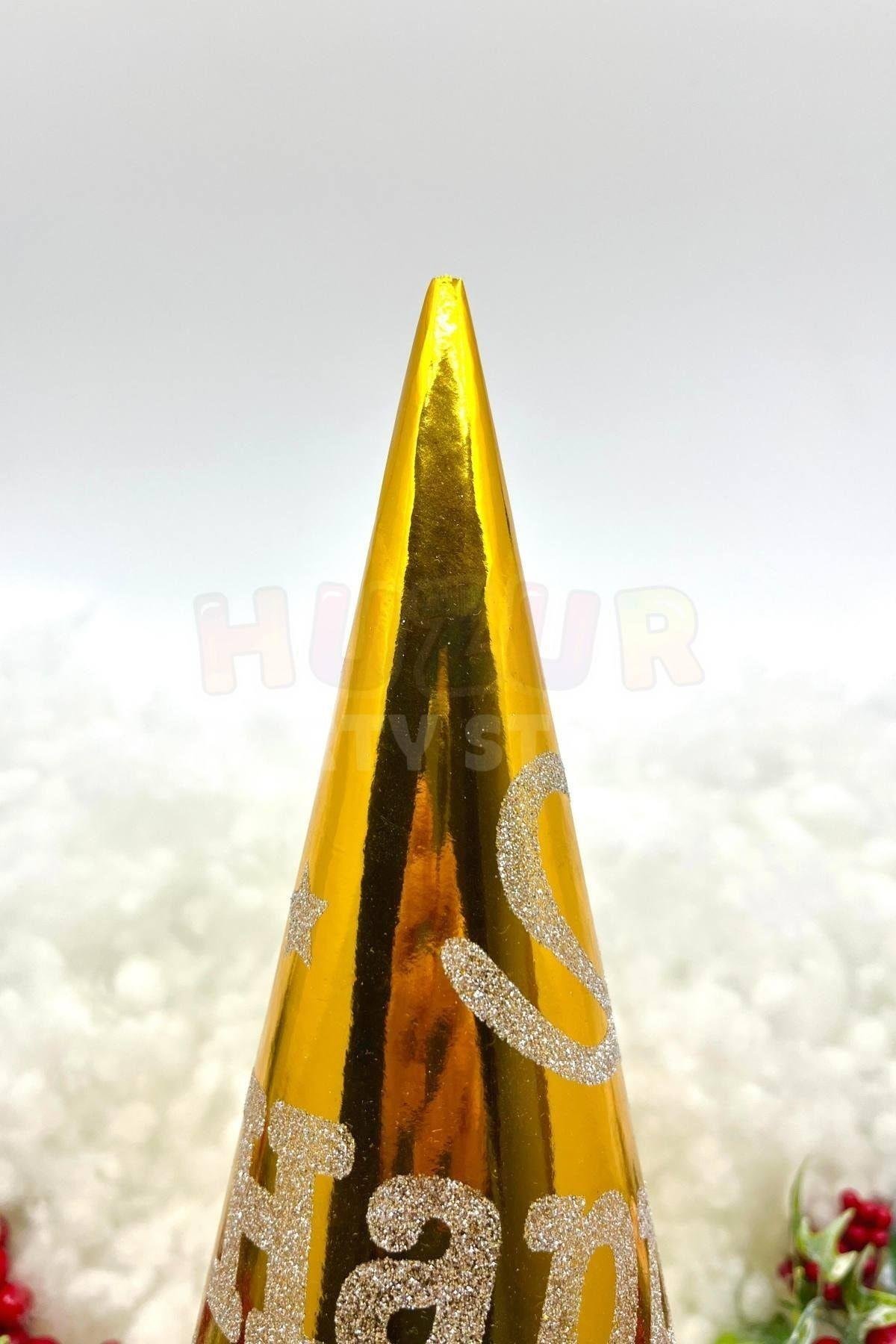 Gold Renk Yılbaşı Şapkası Karton Happy New Year Baskılı Simli Parlak Püsküllü Altın Sarısı Büyük Boy