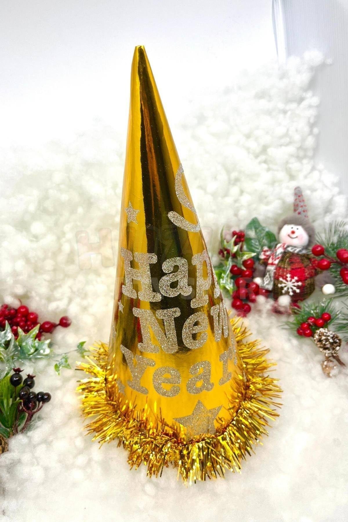 Gold Renk Yılbaşı Şapkası Karton Happy New Year Baskılı Simli Parlak Püsküllü Altın Sarısı Büyük Boy