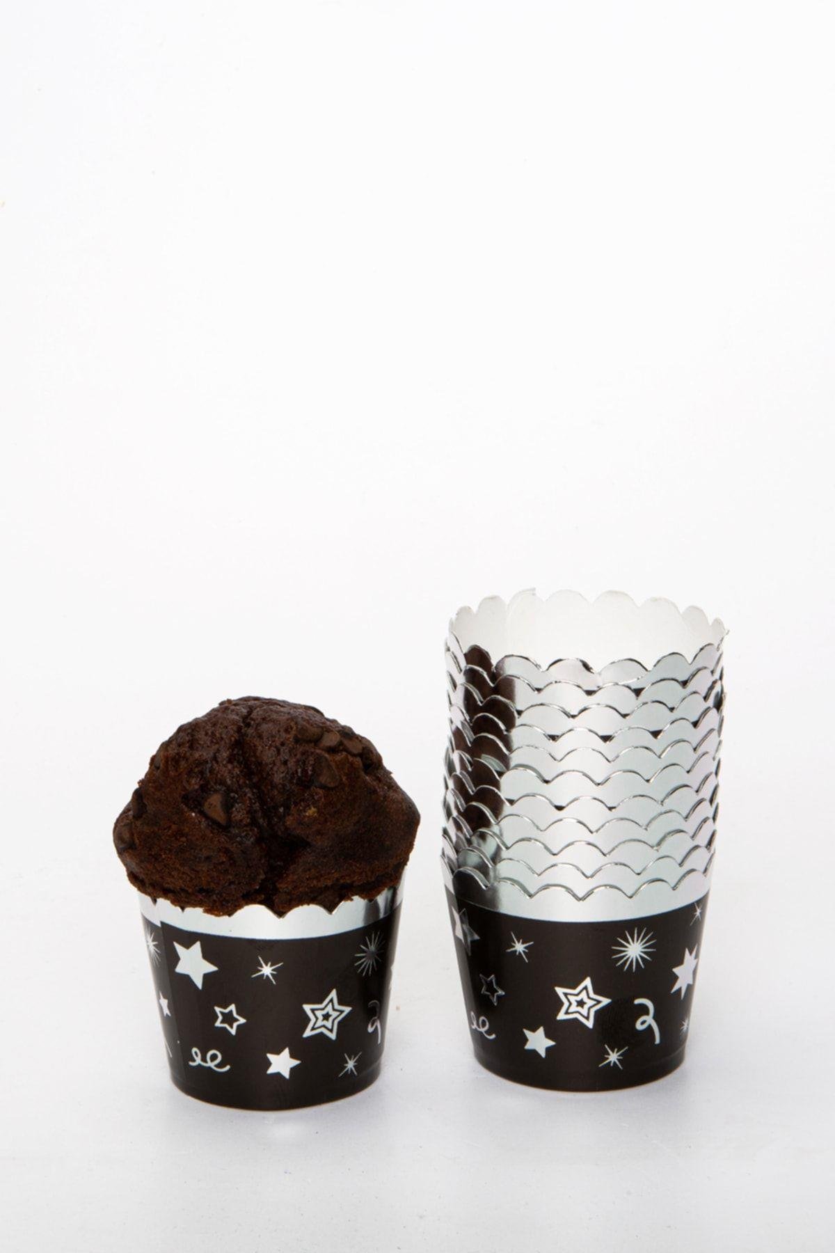 Gümüş Yaldızlı Siyah 12'li Kek Kalıbı Yıldız Konfeti Detaylı Fırında Dağılmayan 6.5x5 Cm Muffin