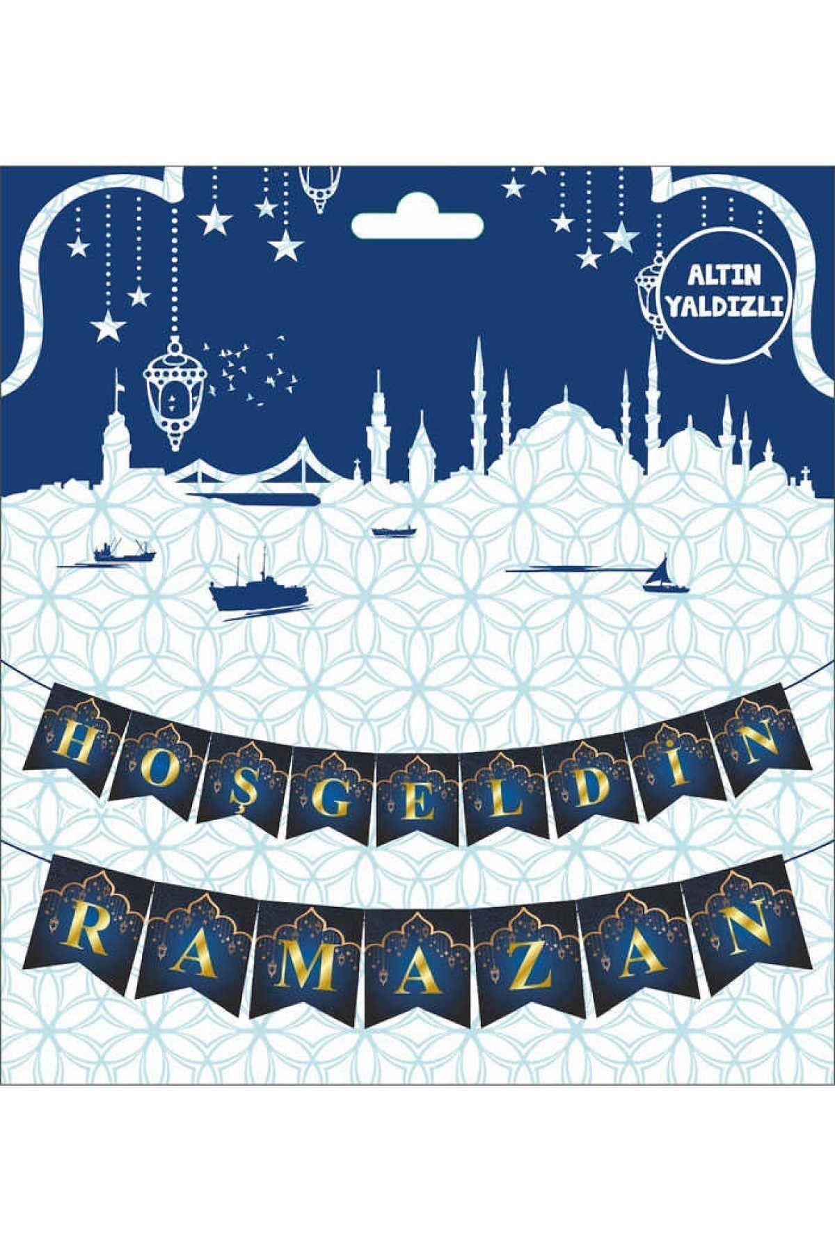 Hoşgeldin Ramazan Yaldızlı Parlak Yazı Zikzak Banner 2.5 Metre Lacivert Konsept Dini Bayram Süsü