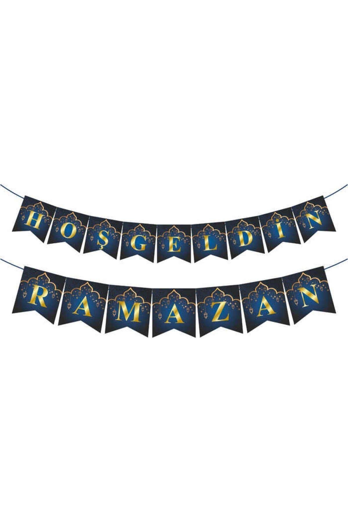 Hoşgeldin Ramazan Yaldızlı Parlak Yazı Zikzak Banner 2.5 Metre Lacivert Konsept Dini Bayram Süsü