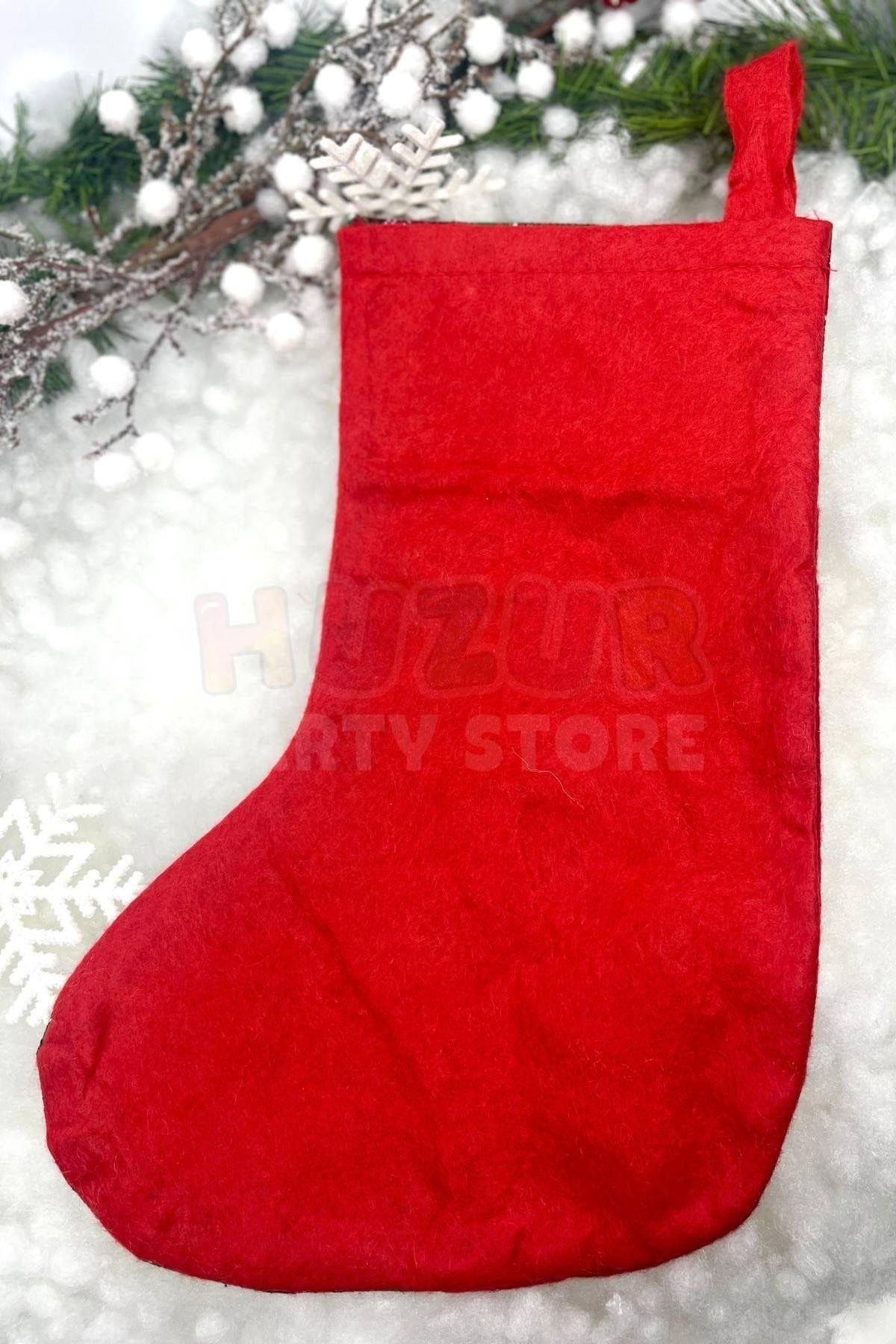 Noel Baba Yılbaşı Peluş Çorap 40x33 Cm Kırmızı Yeşil Ekoseli Yeni Yıl Çam Ağacı Asmalık Asılan Süs