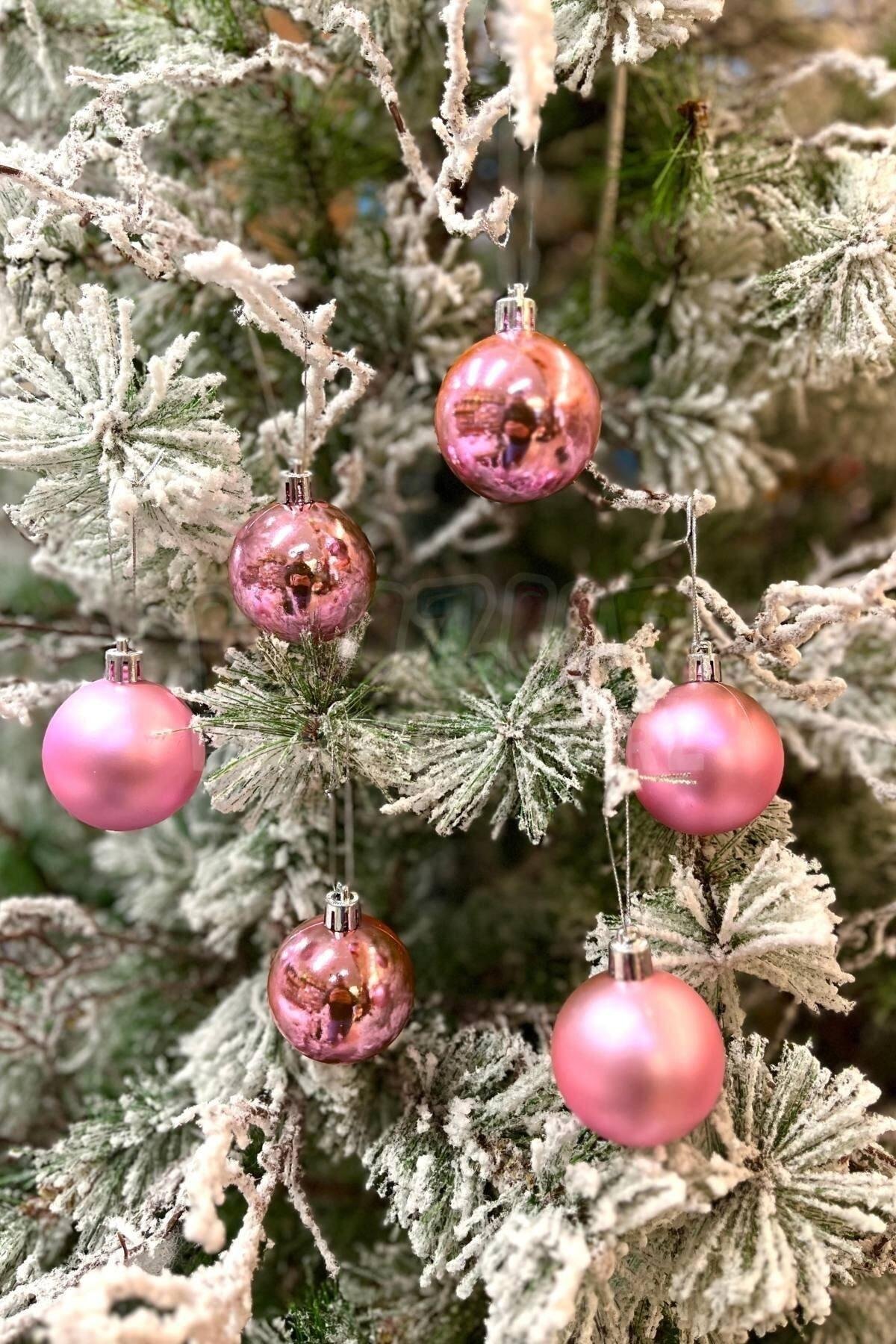 Parlak Mat Pembe Renkli Cici Top 5 Cm 6'lı Yılbaşı Yeni Yıl Çam Ağacı Süsü Ipli Ağaca Asılan Süs