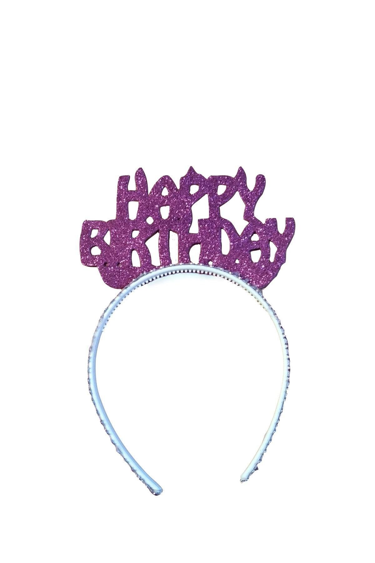 Simli Evadan Taç Açık Mor Renkli Taşlı Esnek Yapılı Happy Birthday Yazılı Doğum Günü Parti Tacı