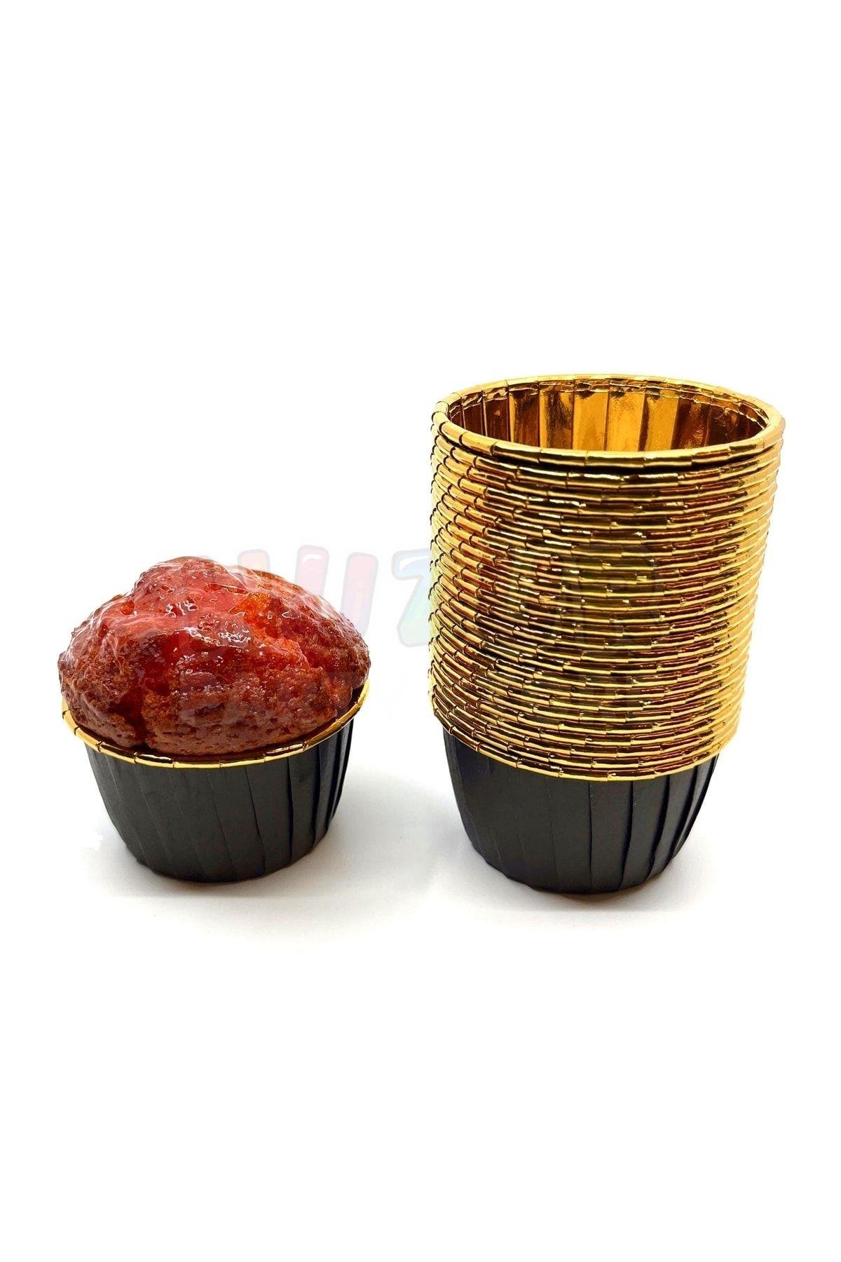 Siyah Parlak Karton 25'li Kek Kalıbı Kenarı Içi Gold Kaplama Fırında Dağılmayan 6.5x4 Cm Muffin Kabı