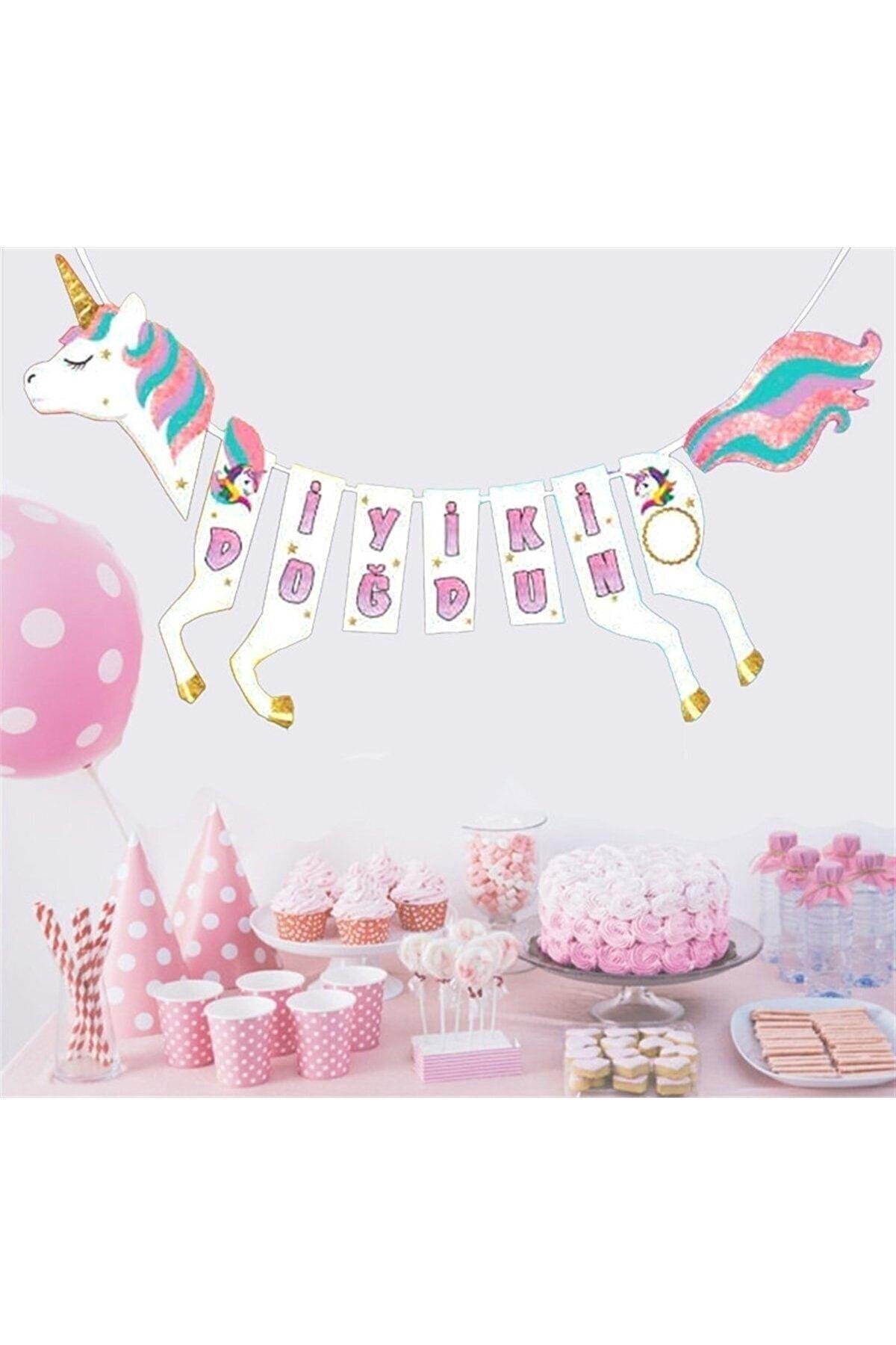 Unicorn Karakterli Boynuzlu At Temalı Pony Parti Konsept 2 m Iyiki Doğdun Yazısı 3d Banner