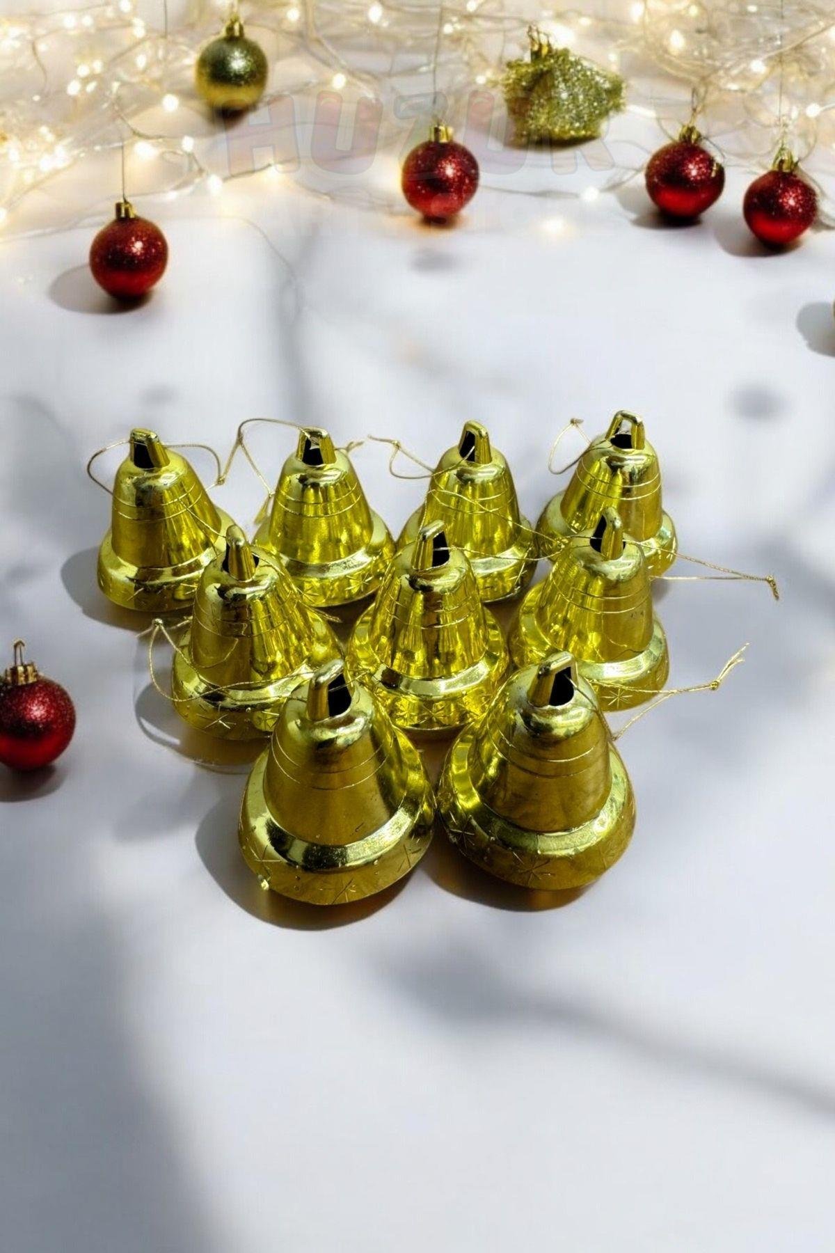Yılbaşı Çam Ağacı Çan Süs Gold İpli 9'lu 3 Cm Yeni Yıl Ağaç Süsü Gold Altın Sarısı Renk Zil Parlak