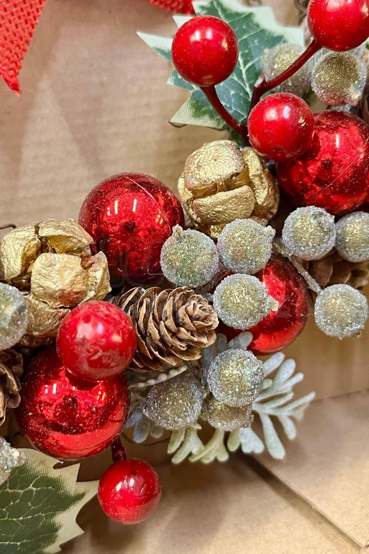 Yılbaşı Kapı Süsü 33x36 Cm Yeni Yıl Karşılama Dekoru Christmas Çelengi Kapı Çiçeği Dekoratif Fiyonk
