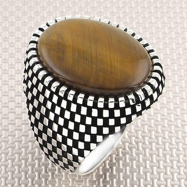 Dama Desenli Oval Taşlı Toptan Gümüş Erkek Yüzük
