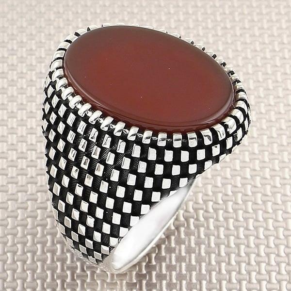 Dama Desenli Oval Taşlı Toptan Gümüş Erkek Yüzük