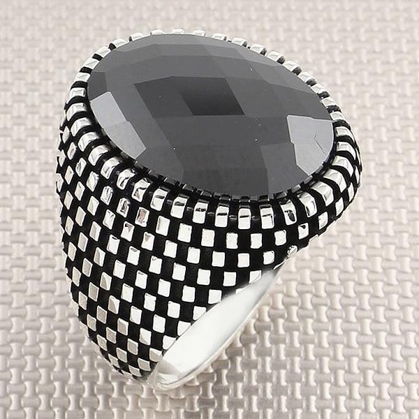 Dama Desenli Oval Taşlı Toptan Gümüş Erkek Yüzük